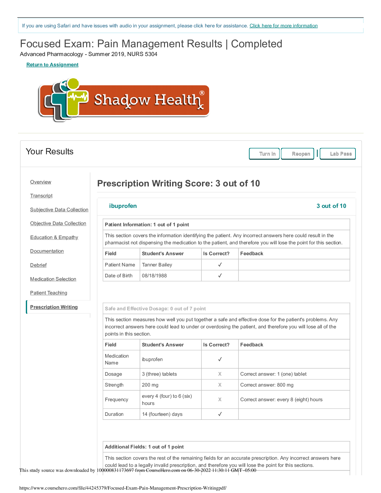 Focused Exam: Pain Management /Prescription Writing