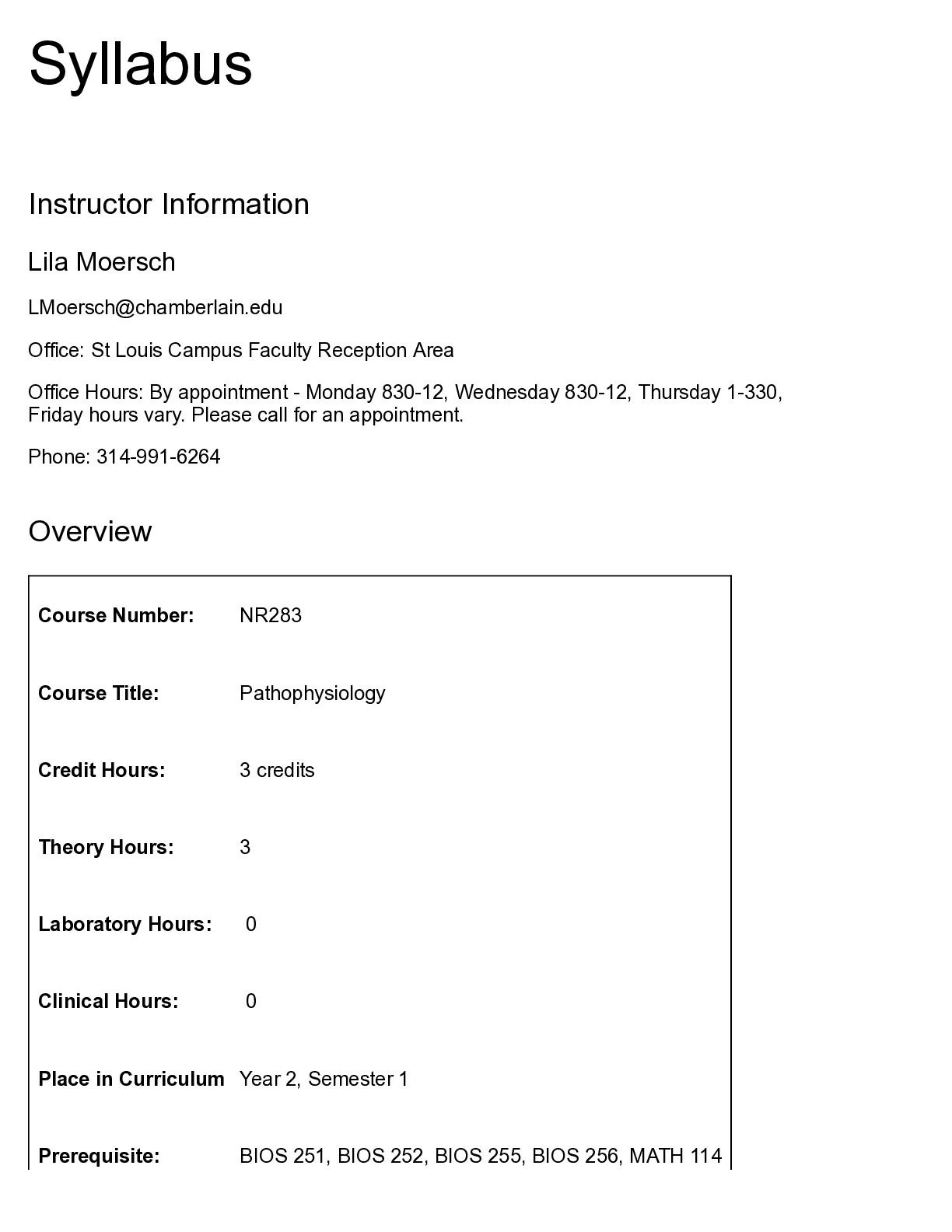 NR 283 SYLLABUS – Pathophysiology for Nursing