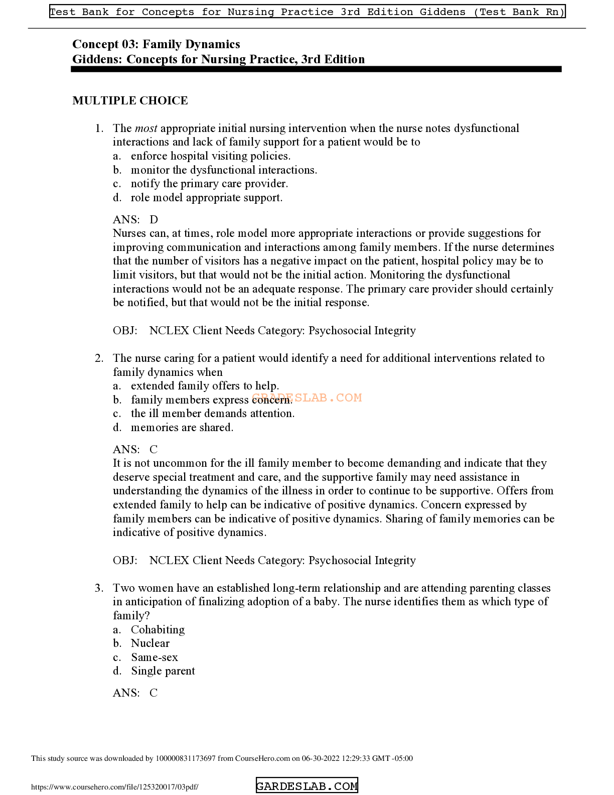 Concept 03: Family Dynamics – Nursing Test Bank & Answers