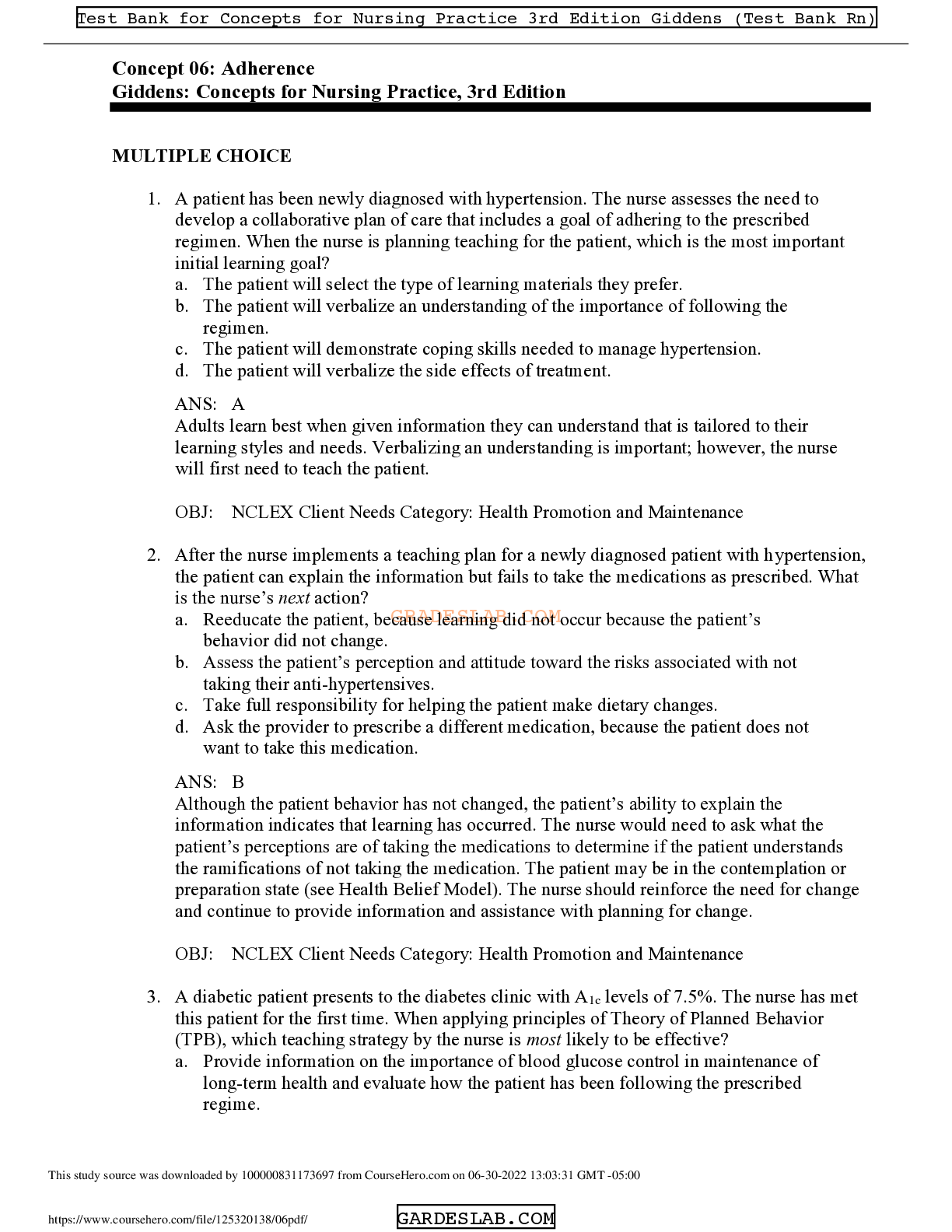 Adherence in Nursing | Test Bank, Study Guide & Practice Questions
