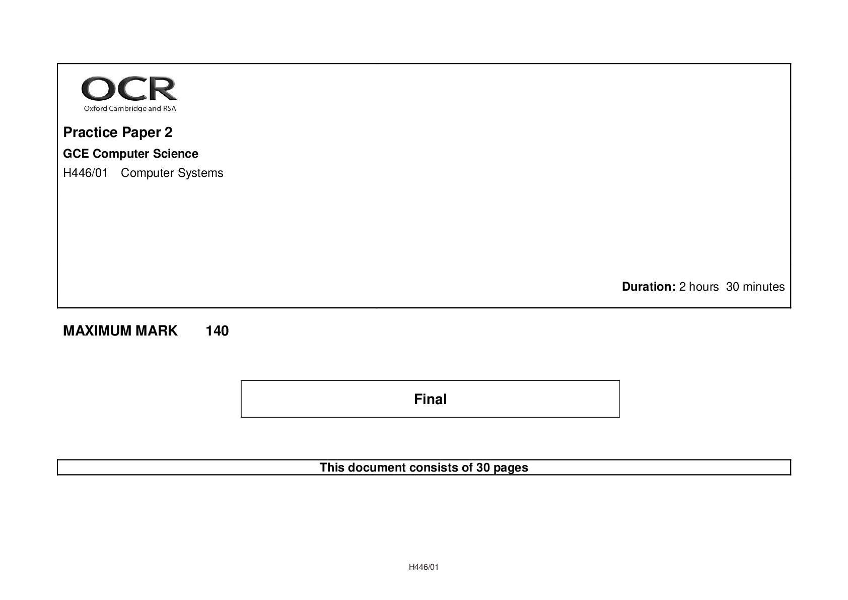 GCE Computer Science Practice Paper 2 | Marking Scheme