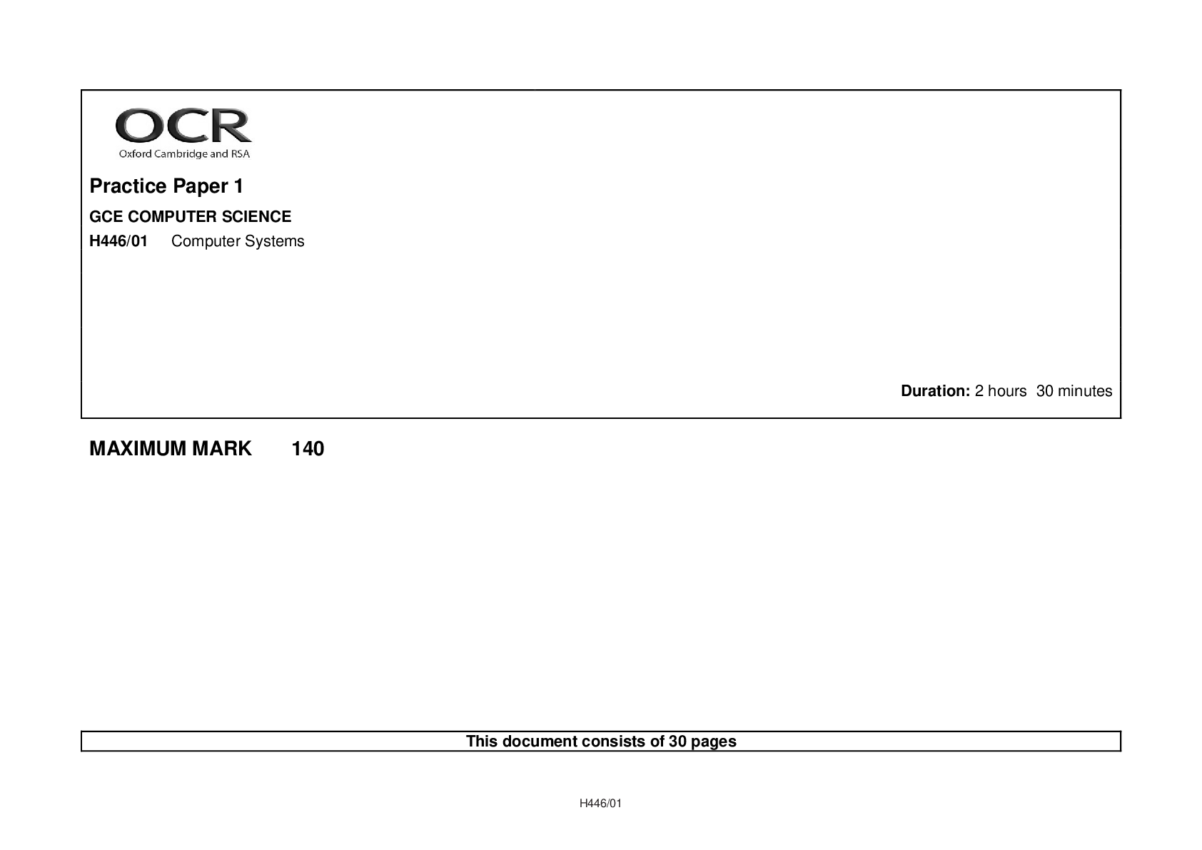 Practice Paper 1 GCE COMPUTER SCIENCE H446/01 Computer Systems mark scheme
