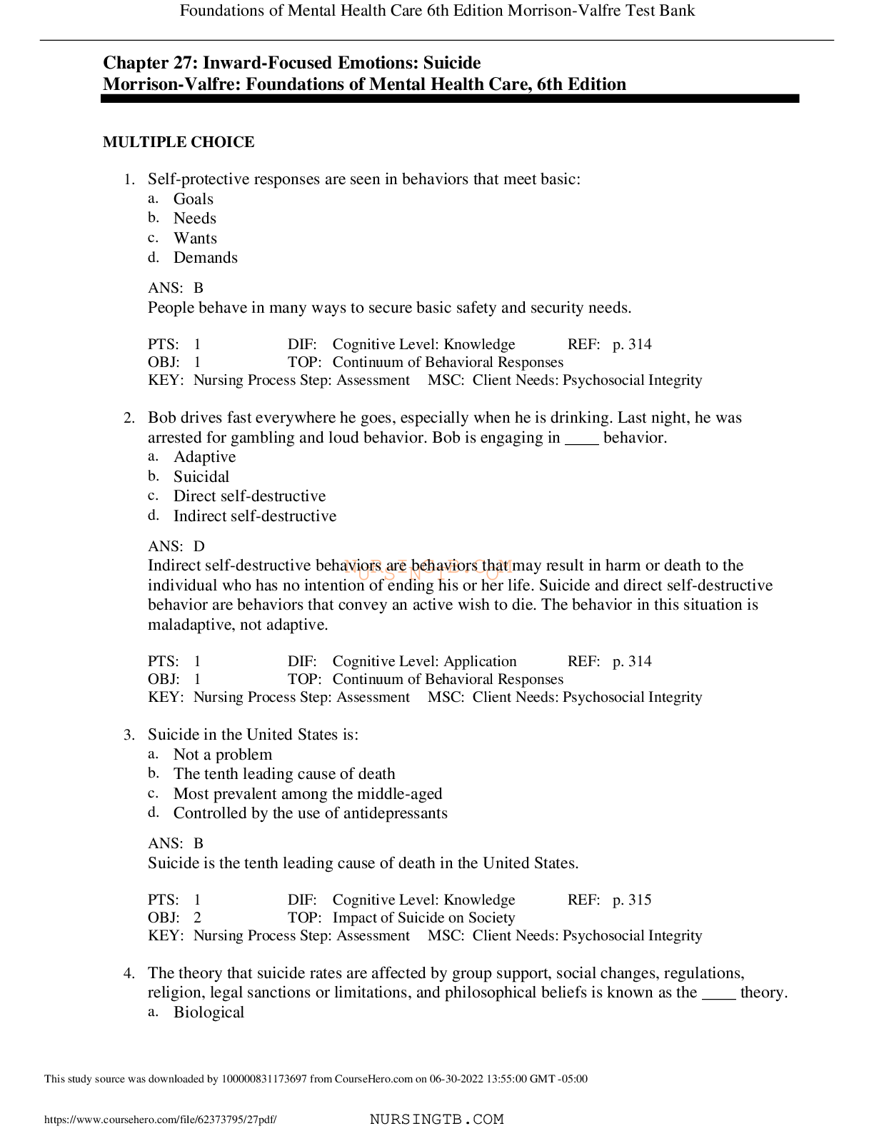 Suicide and Inward-Focused Emotions – Chapter 27 Test Bank