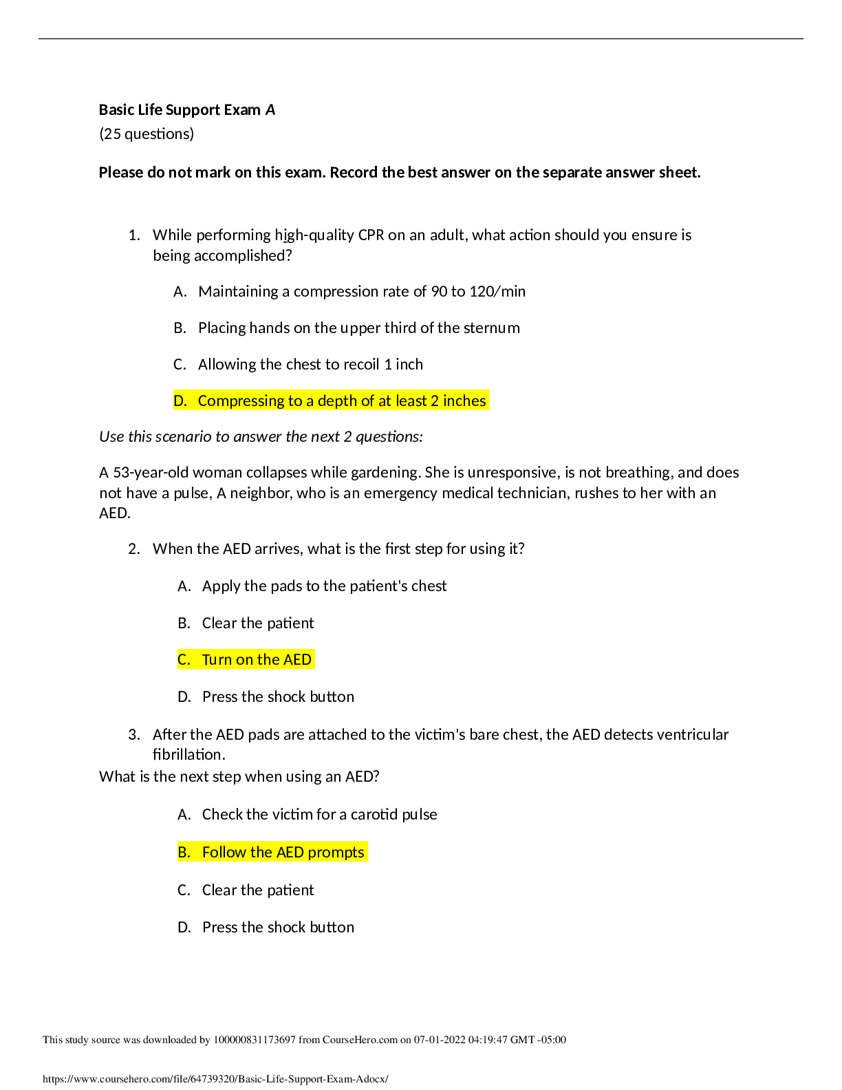 Basic Life Support Exam A