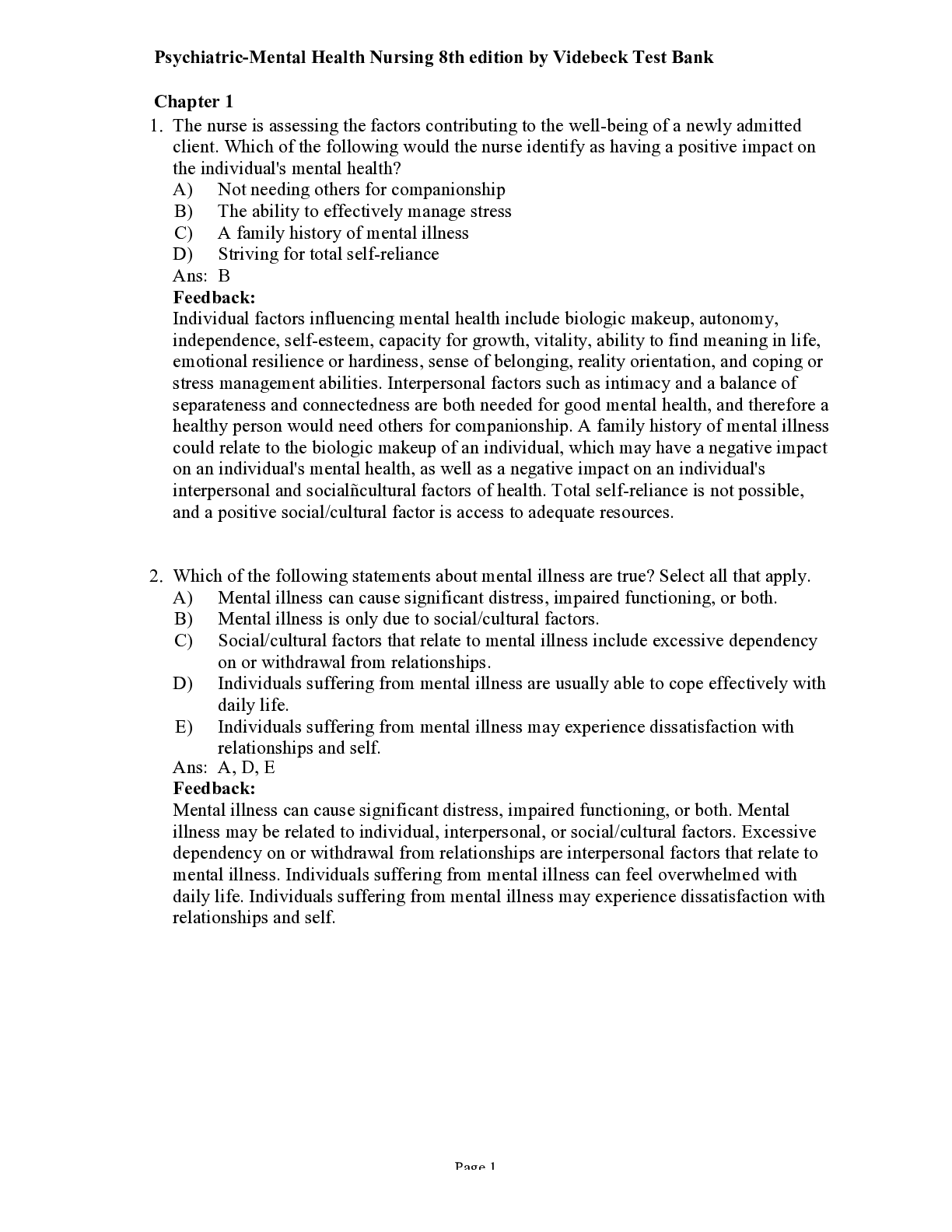 Psychiatric-Mental Health Nursing 8th Edition Test Bank