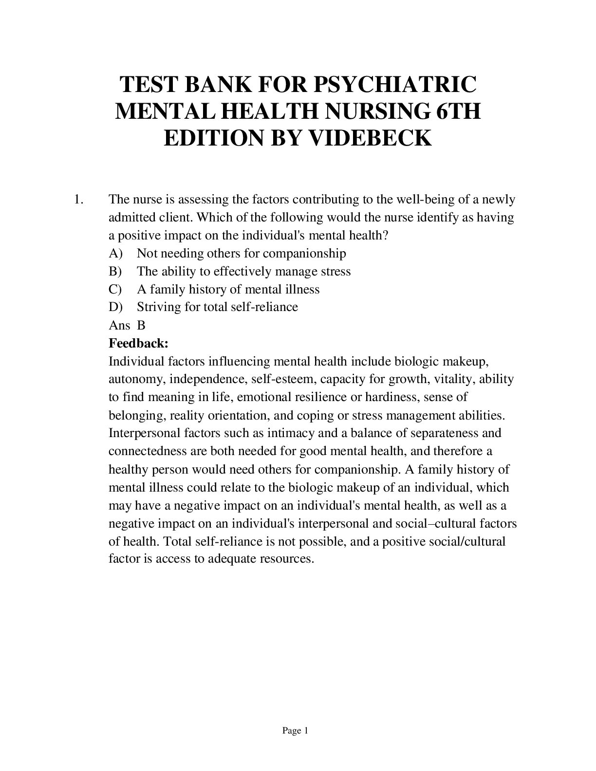 Test Bank for Psychiatric Mental Health Nursing (6th Ed.) – Videbeck