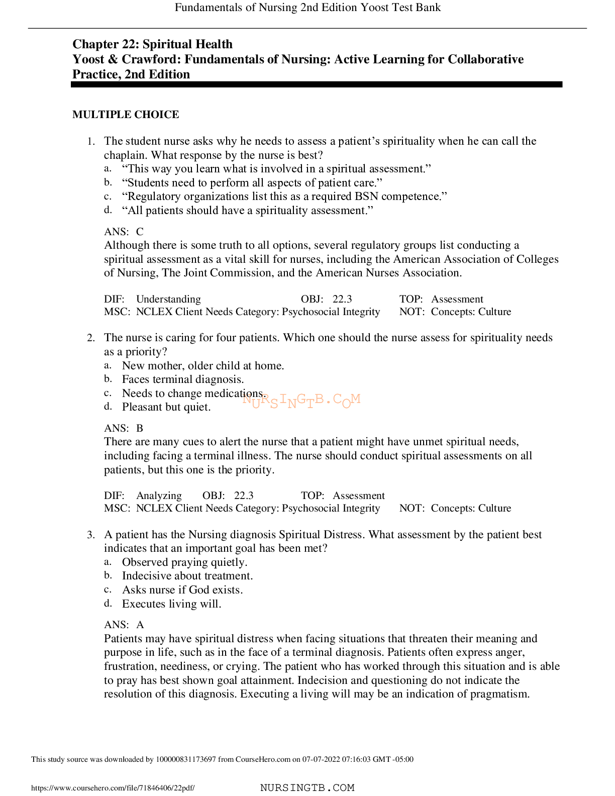 Chapter 22: Spiritual Health – Fundamentals of Nursing (Yoost & Crawford, 2nd Ed.)