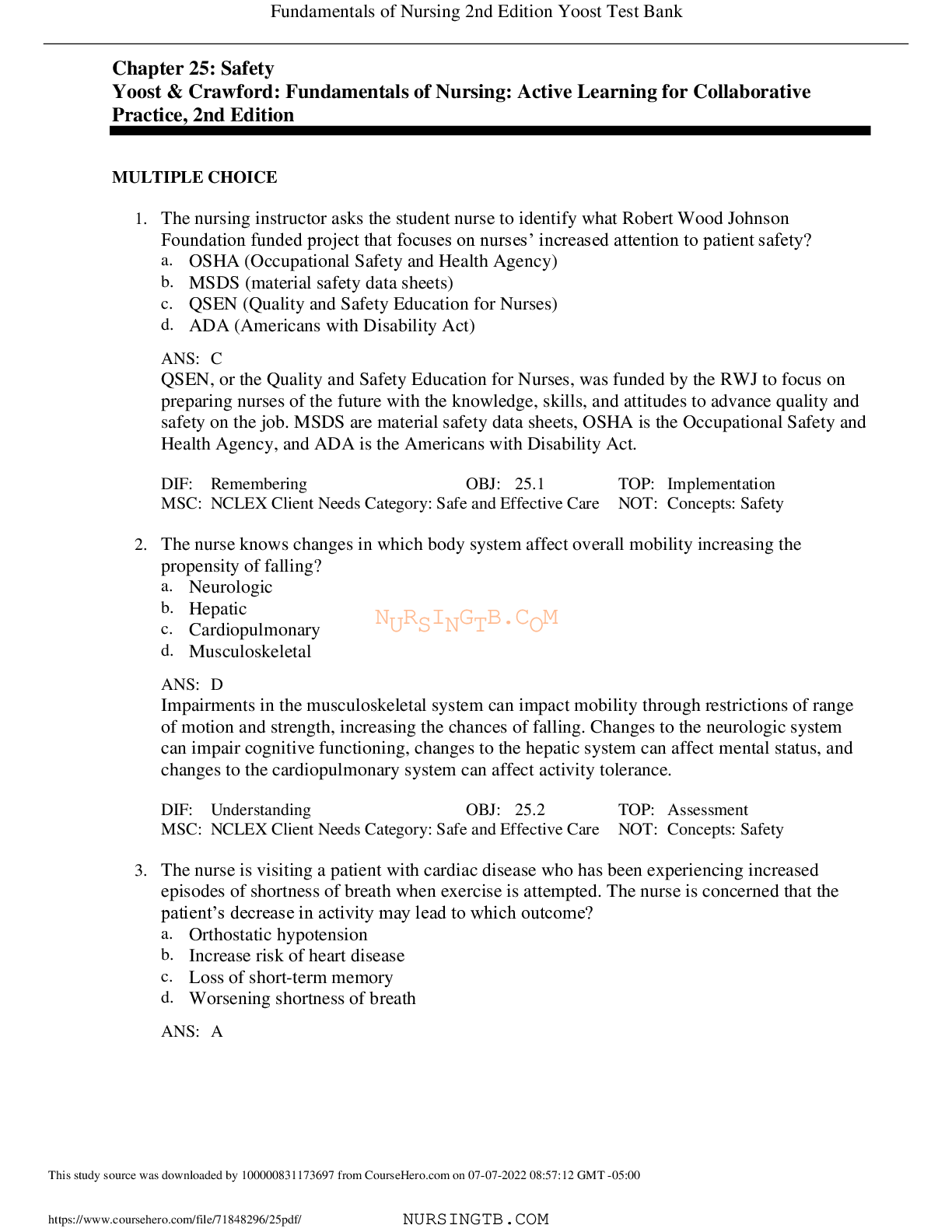 Chapter 25: Patient Safety – Yoost & Crawford Nursing Test Bank
