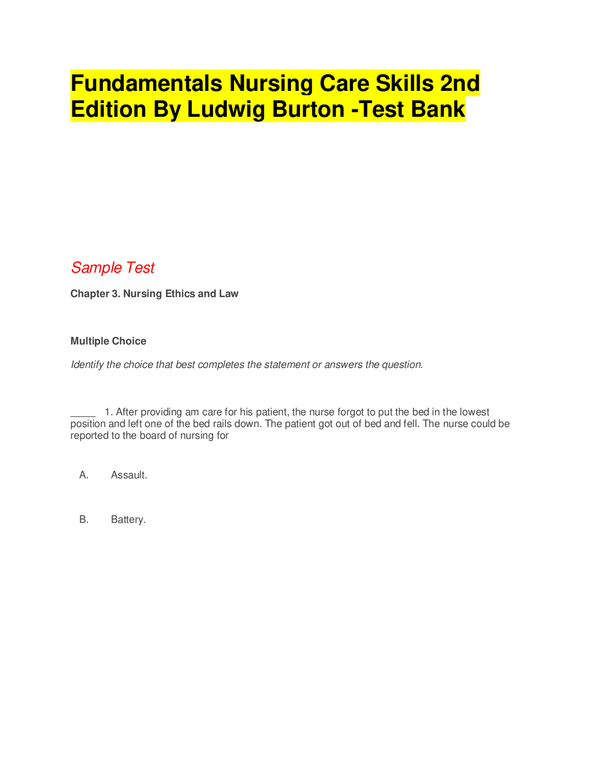 Fundamentals Nursing Care Skills 2nd Edition By Ludwig Burton -Test Bank
