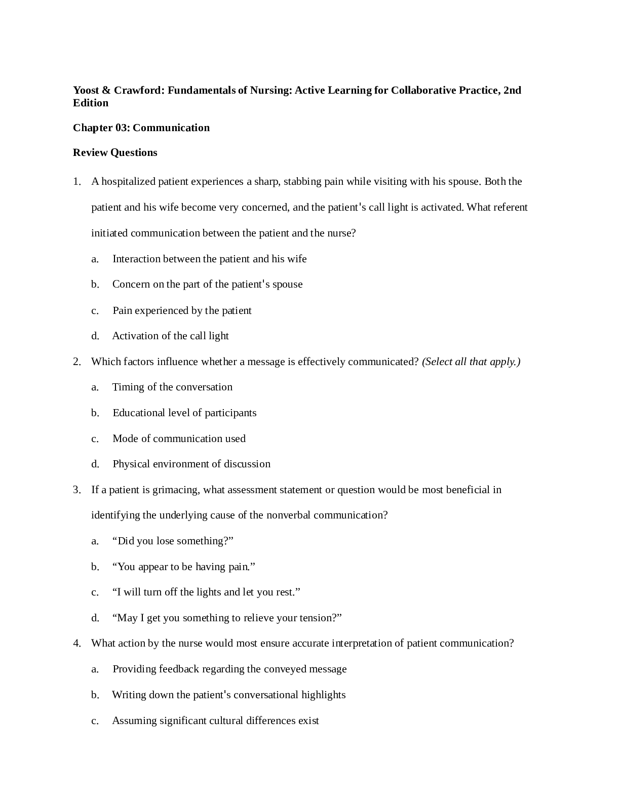 Fundamentals of Nursing: Active Learning for Collaborative Practice, 2nd Edition Chapter 03: Communication