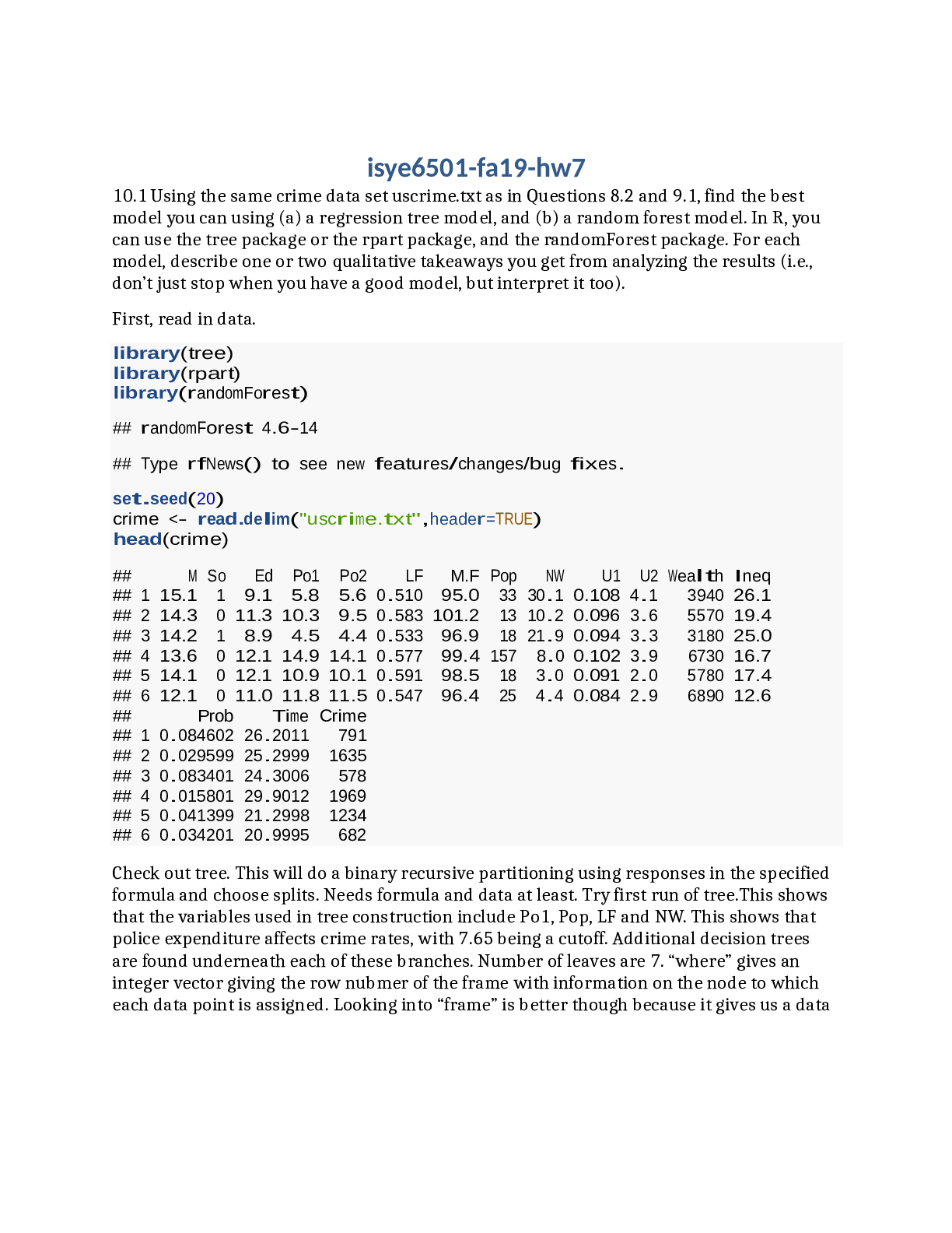 ISYE 6501 FA19 HW7 – Regression Tree and Random Forest Models