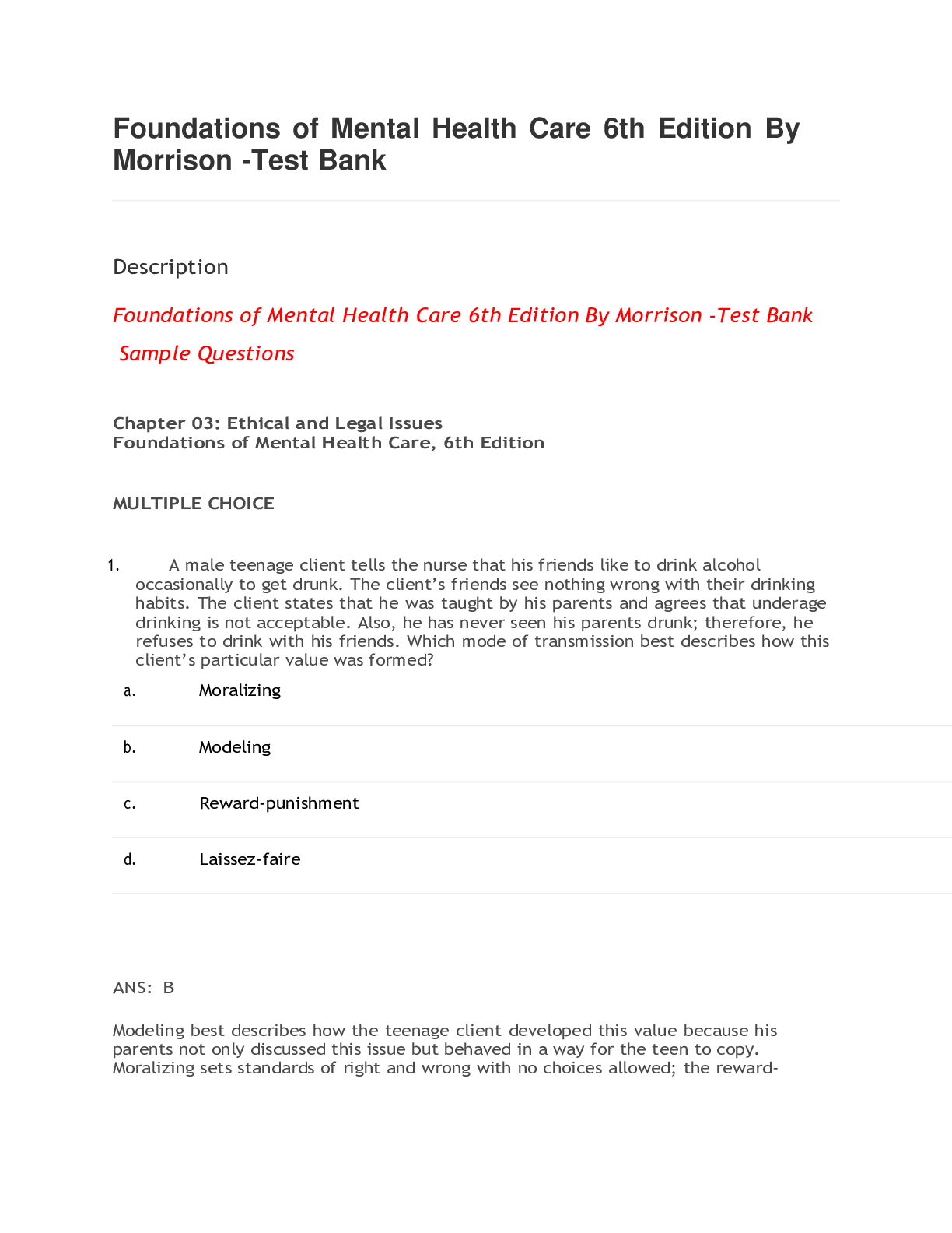 Foundations of Mental Health Care 6th Edition By Morrison -Test Bank