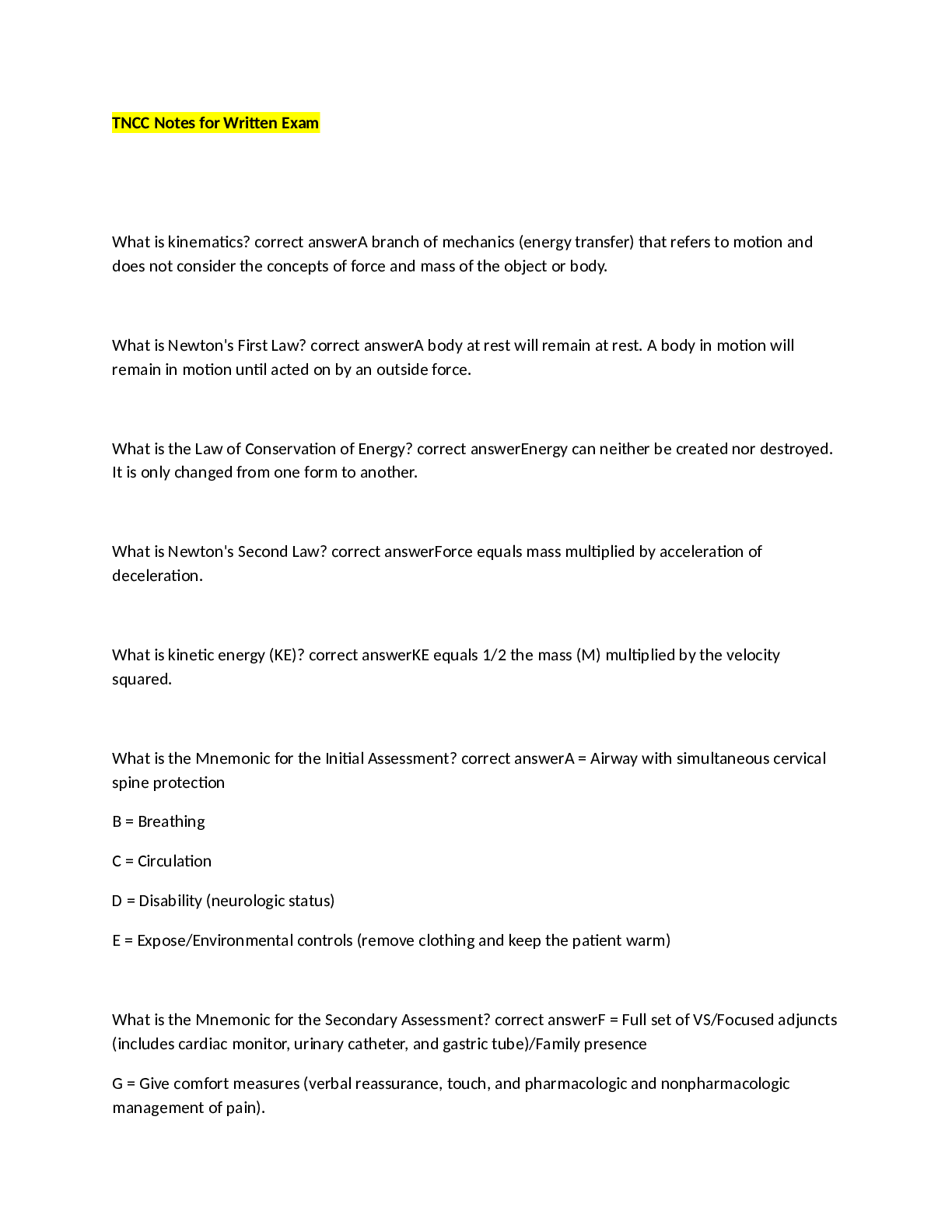 TNCC Notes for Written Exam 100% Verified
