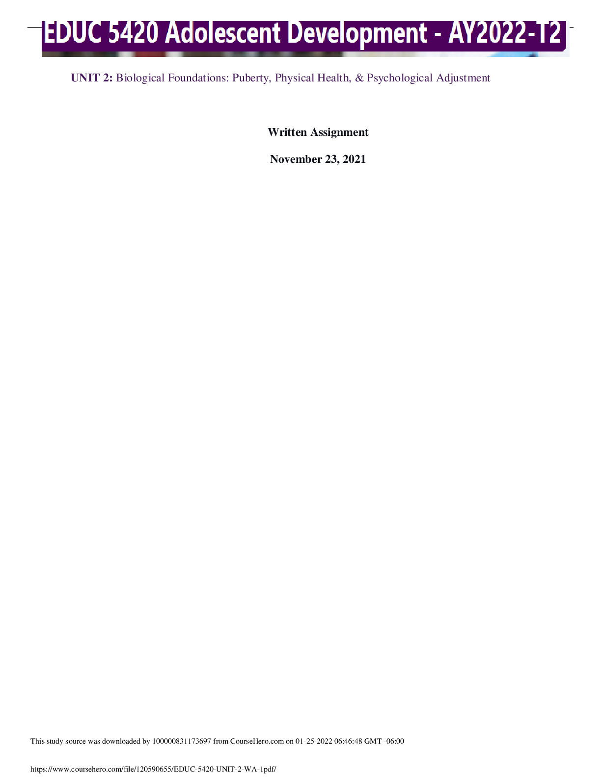 EDUC 5420: Adolescent Development ,unite 2