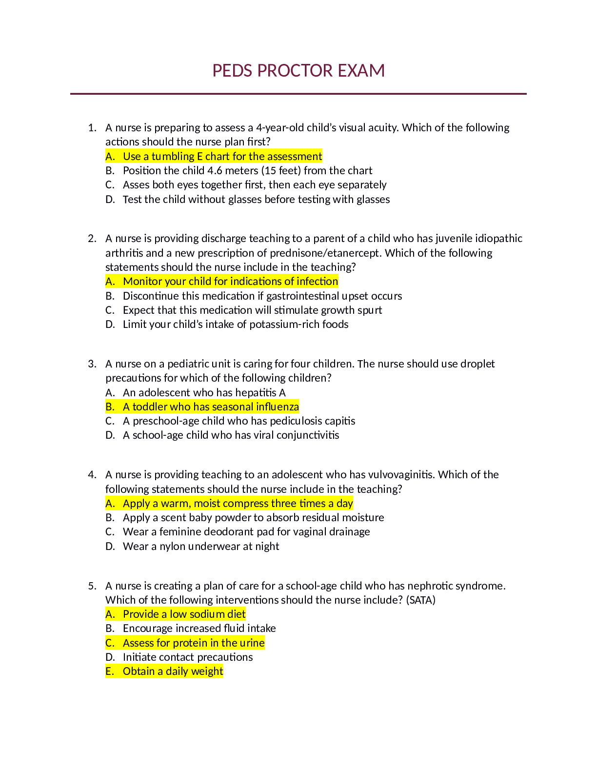 Peds proctored exam 2022-2023 verified exam answers