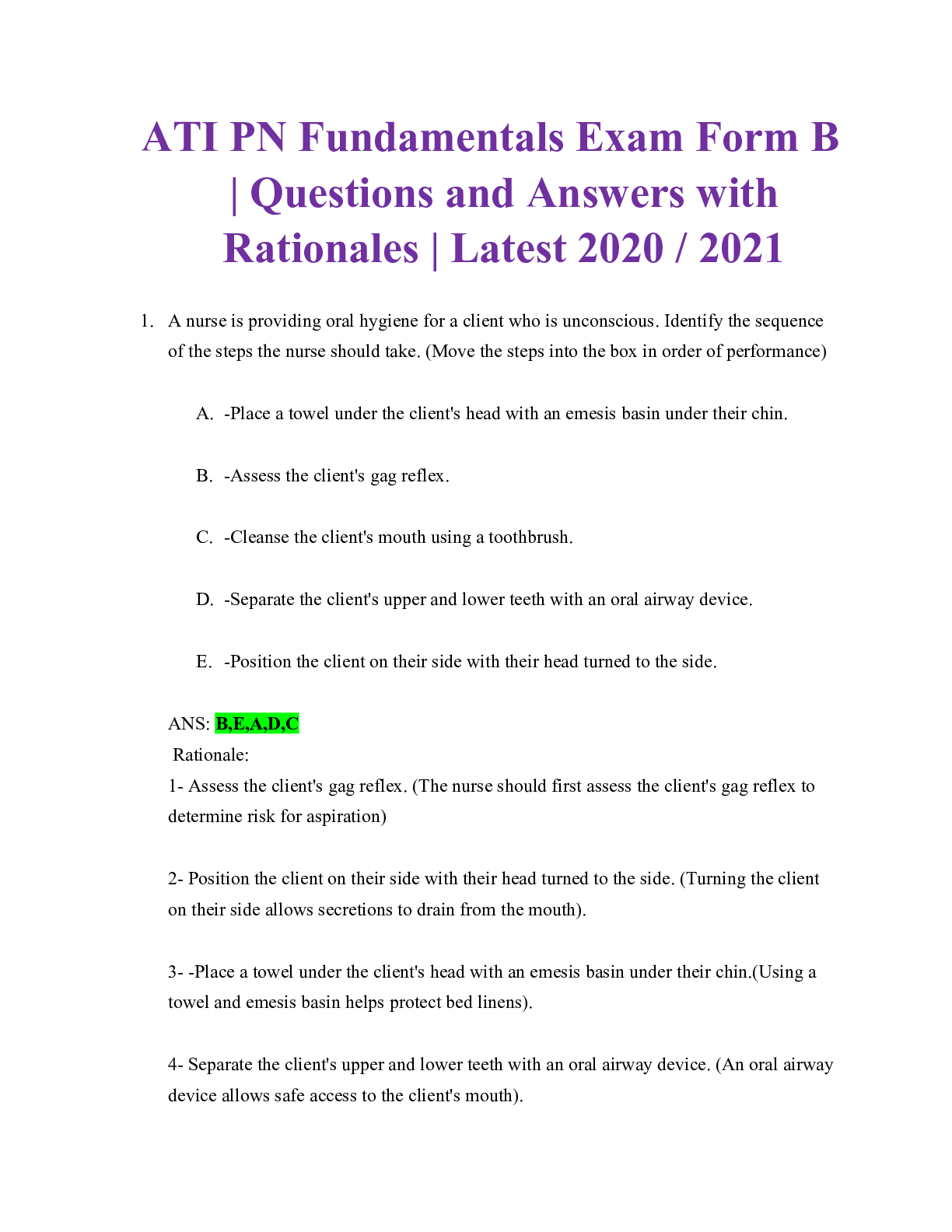 ATI PN Fundamentals Exam Form B | Questions and Answers with Rationales | Latest 2020