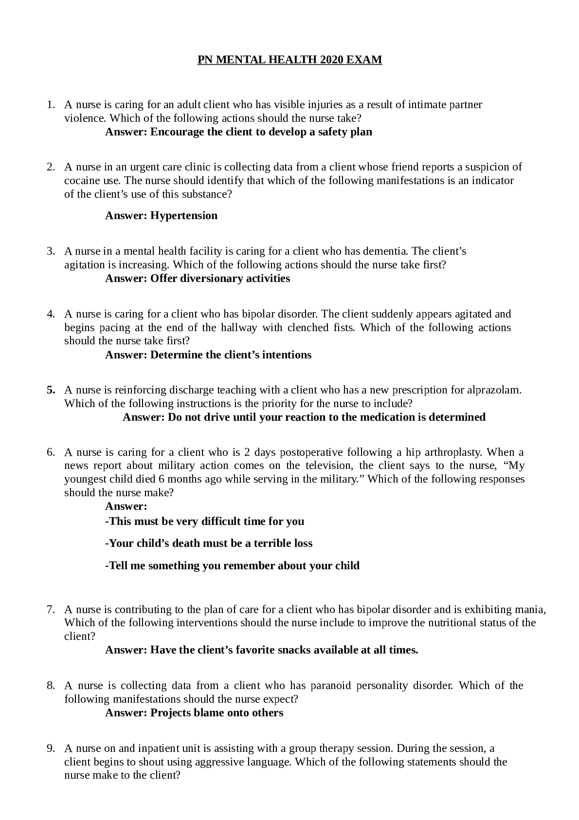 PN MENTAL HEALTH 2020 EXAM questions and answers