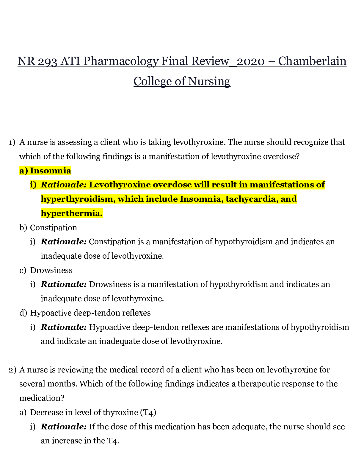 NR 293 ATI Pharmacology Final Review_2020 – Chamberlain College of Nursing, questions and answers