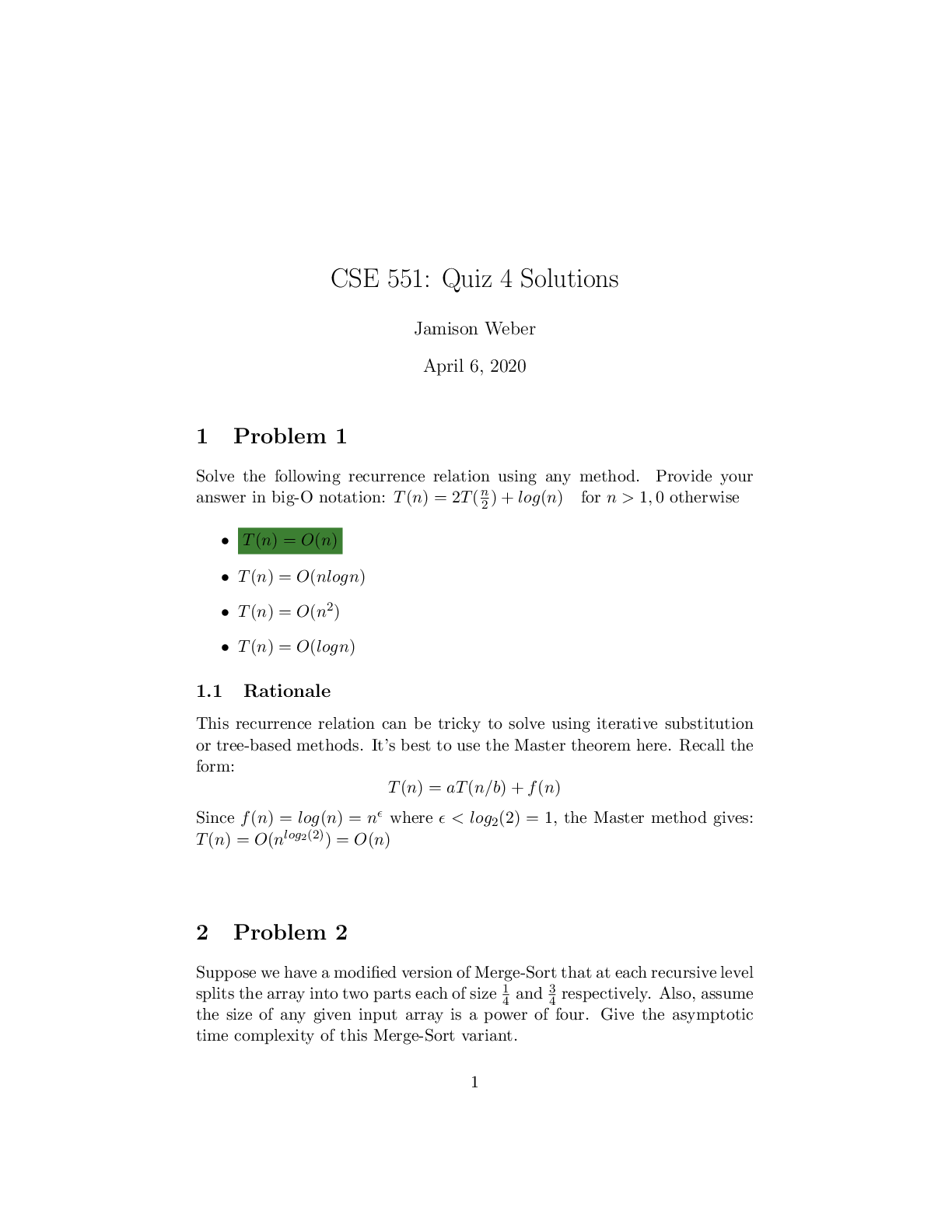 CSE 551:Quiz and Solutions