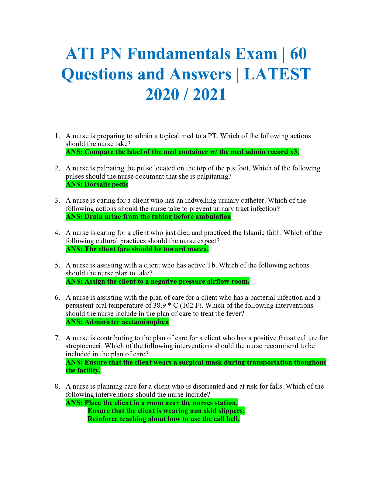 ATI PN Fundamentals Exam | 60 Questions and Answers | LATEST 2020