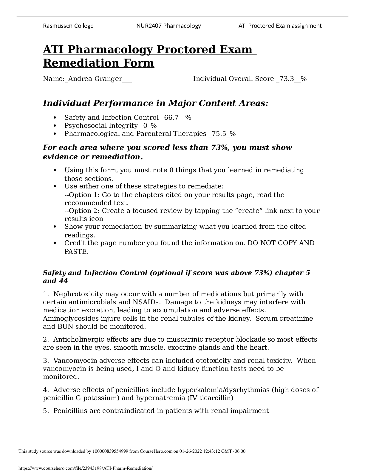 ATI Pharmacology Proctored Exam Remediation Form