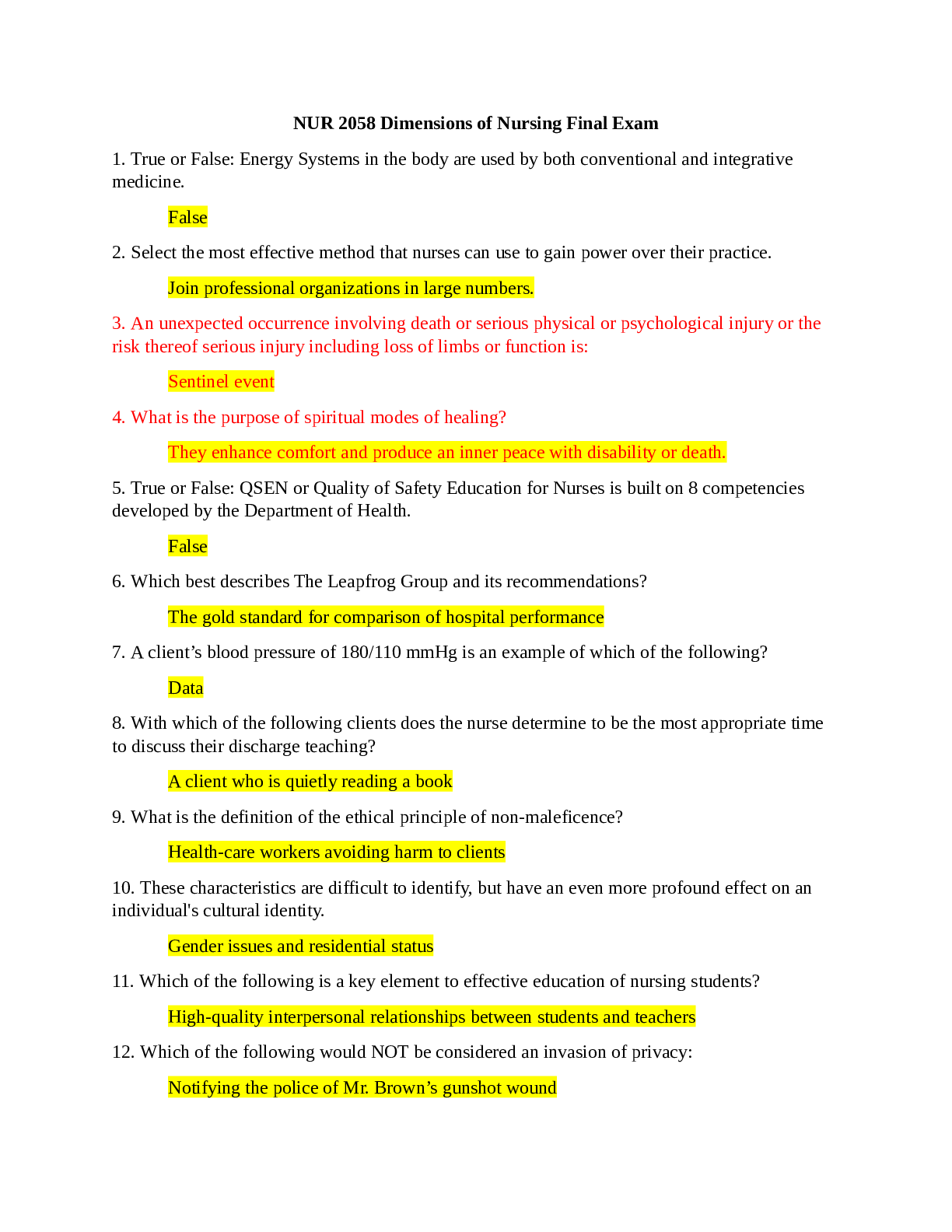 NUR 2058 Dimensions of Nursing Final Exam