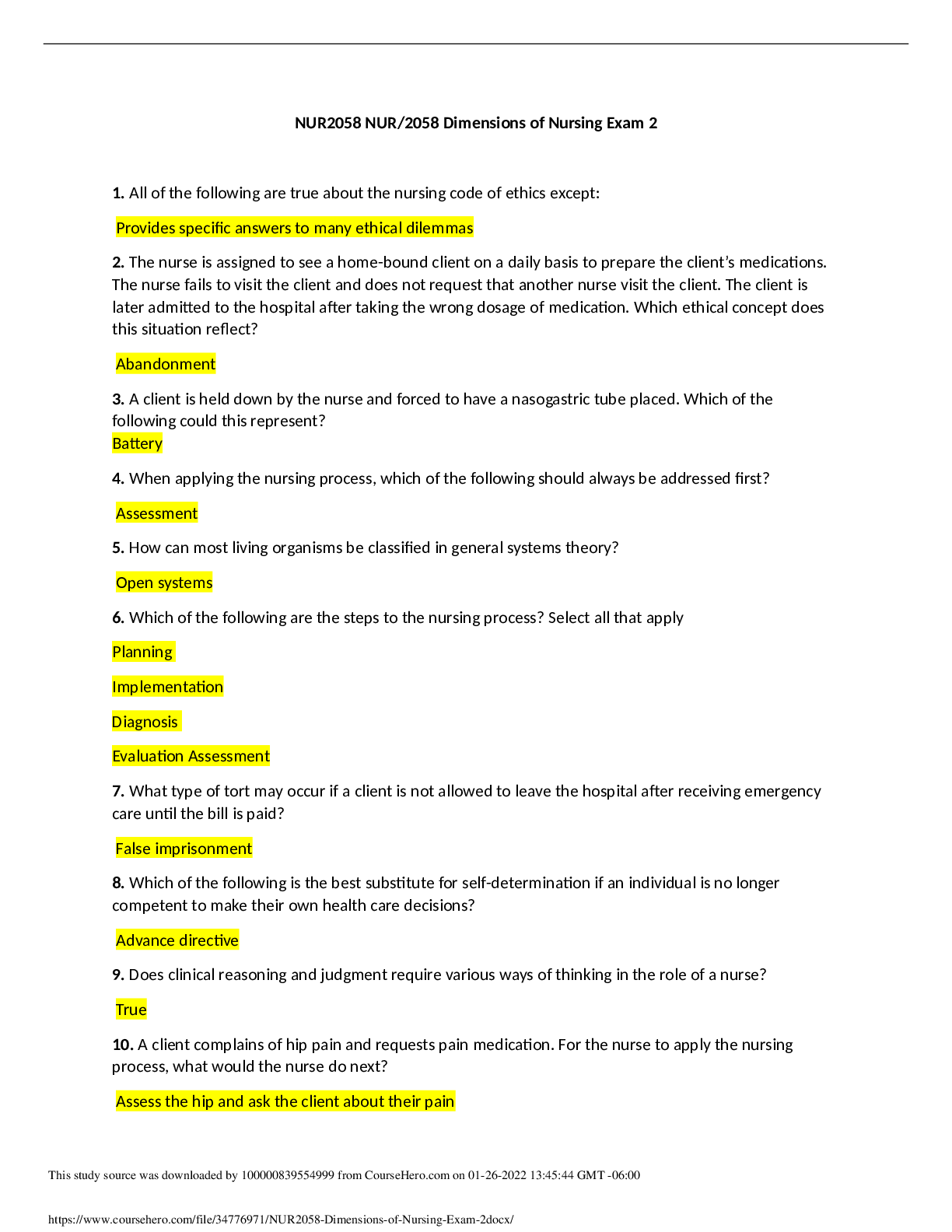 NUR2058 NUR/2058 Dimensions of Nursing Exam 2