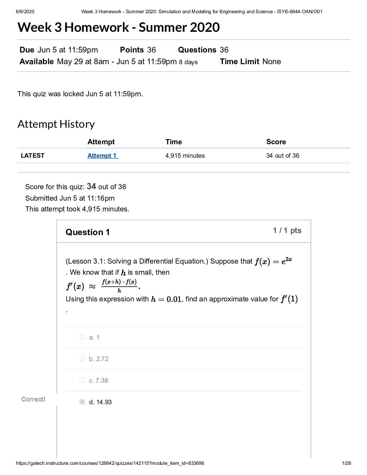 Week 3 Homework - Summer : Simulation and Modeling for Engineering and Science - ISYE-6644-OAN/O01