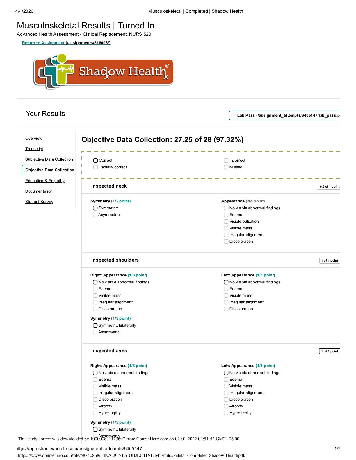 NUR 520 Focused Exam musculoskeletal Completed Shadow Health