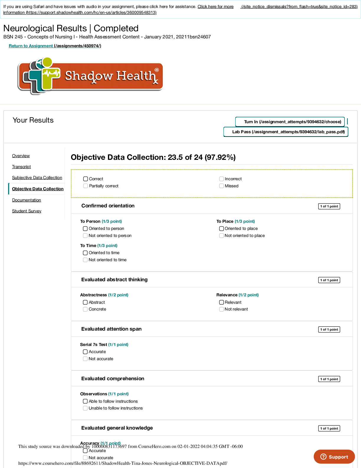Focused Exam neurological Completed Shadow  Health Solved