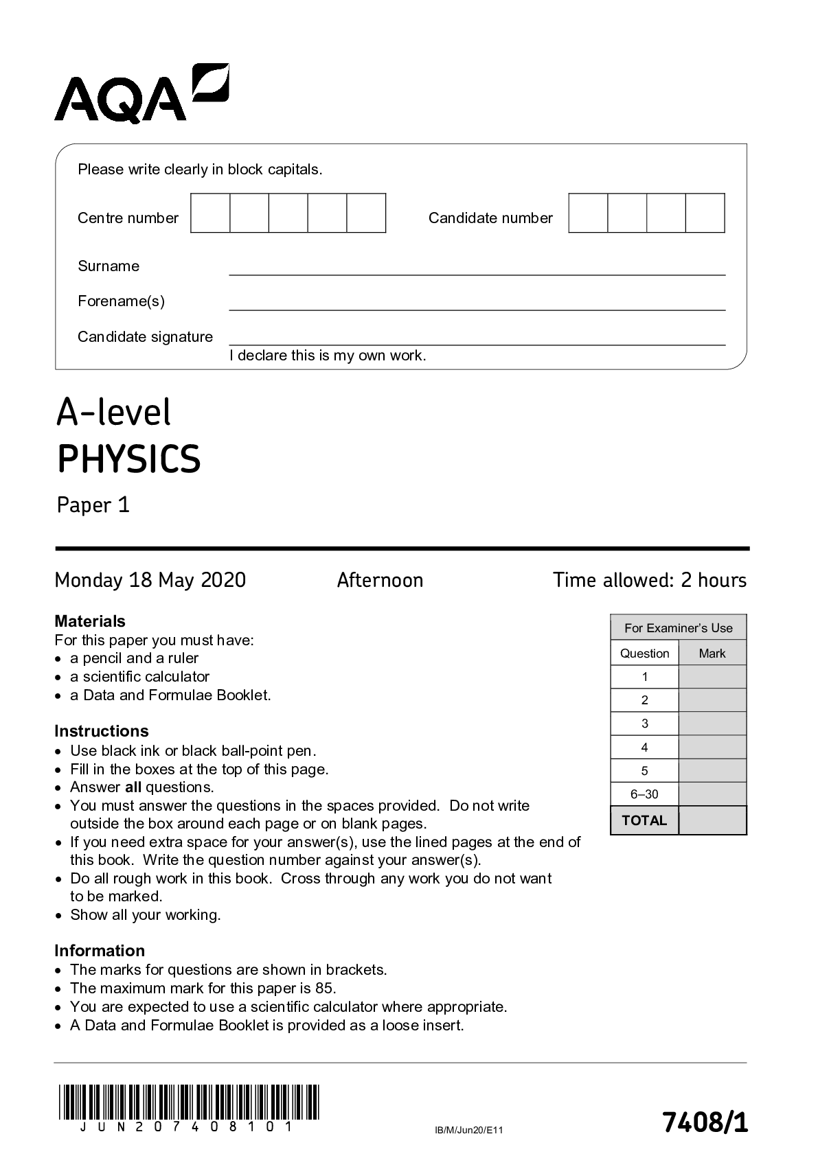 A-level PHYSICS Paper 1, questions