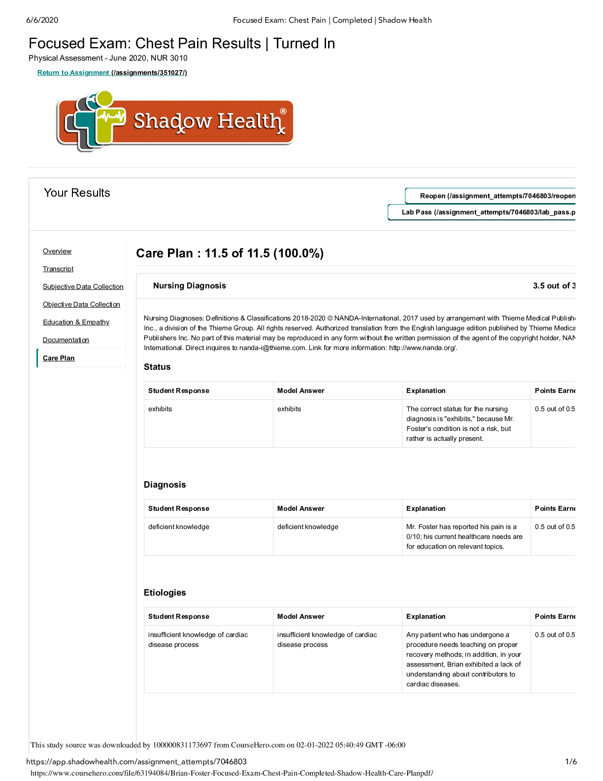 Focused Exam: Chest Pain  shadow health Transcript