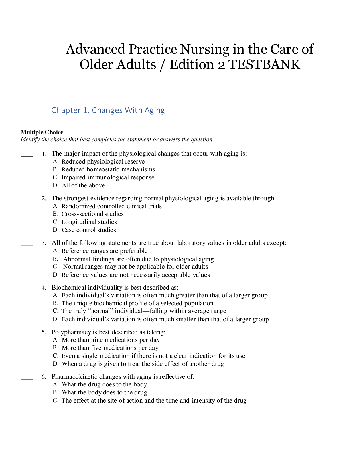 Advanced Practice Nursing in the Care of Older Adults  Edition 2 TEST BANK By Kennedy Malone