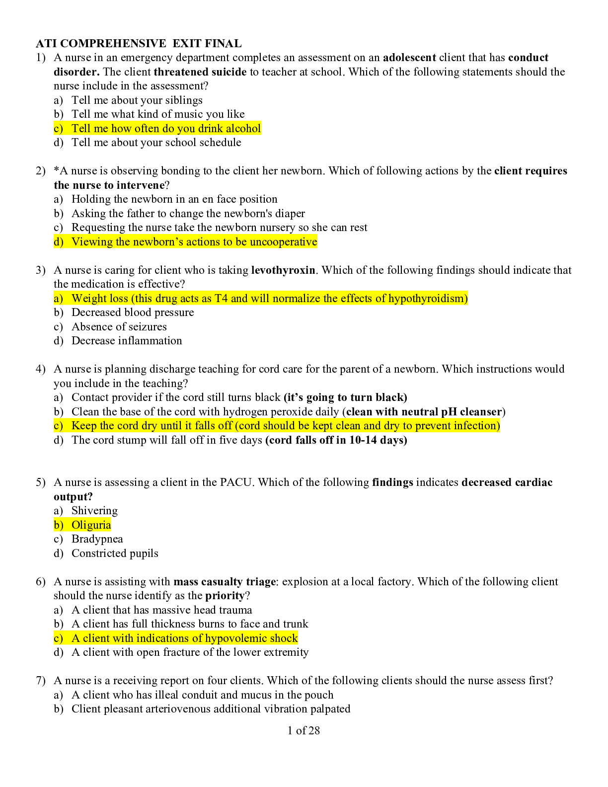 ATI COMPREHENSIVE EXIT FINAL EXAM WITH ANSWERS