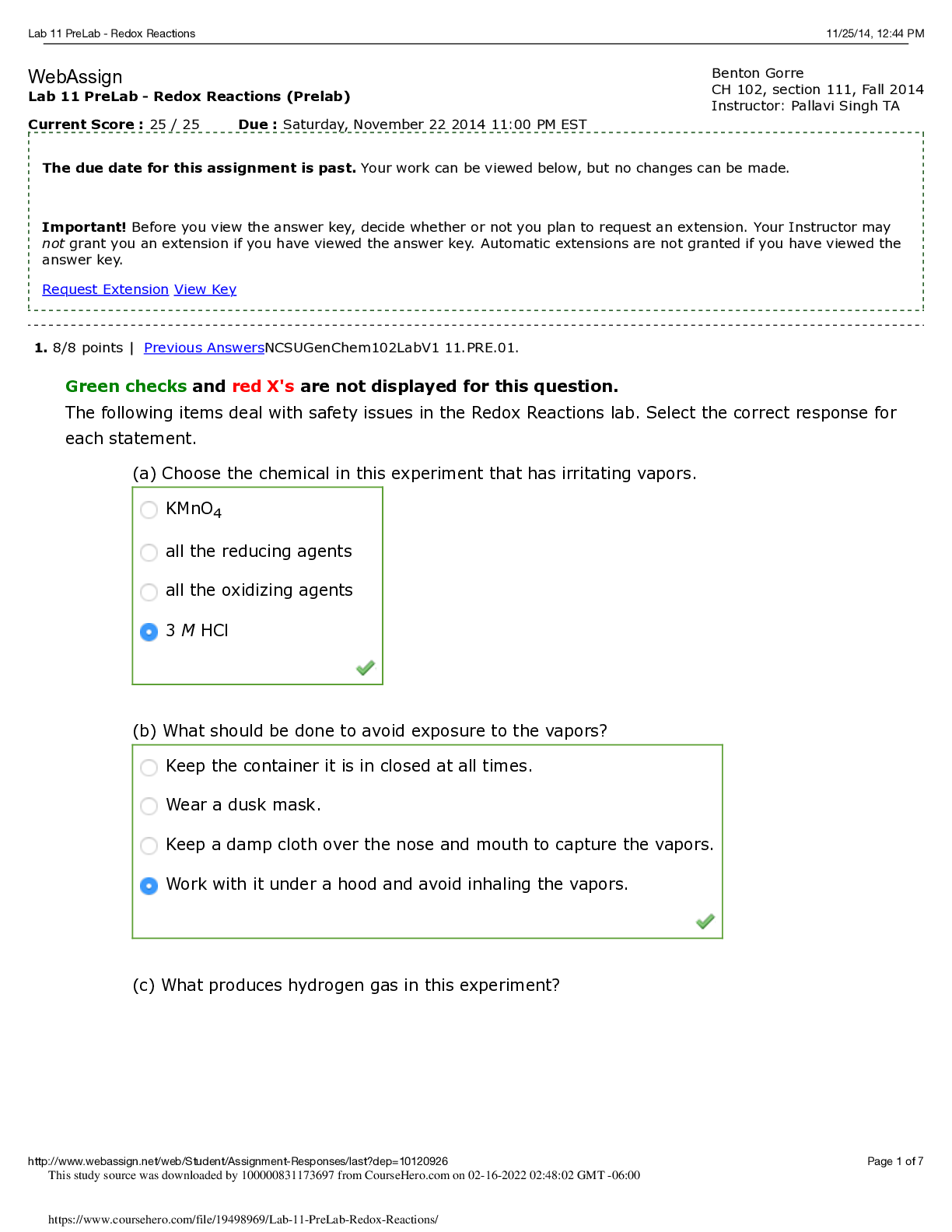 Redox Reactions (Prelab) ,CH 102, section 111 ,questions and answers