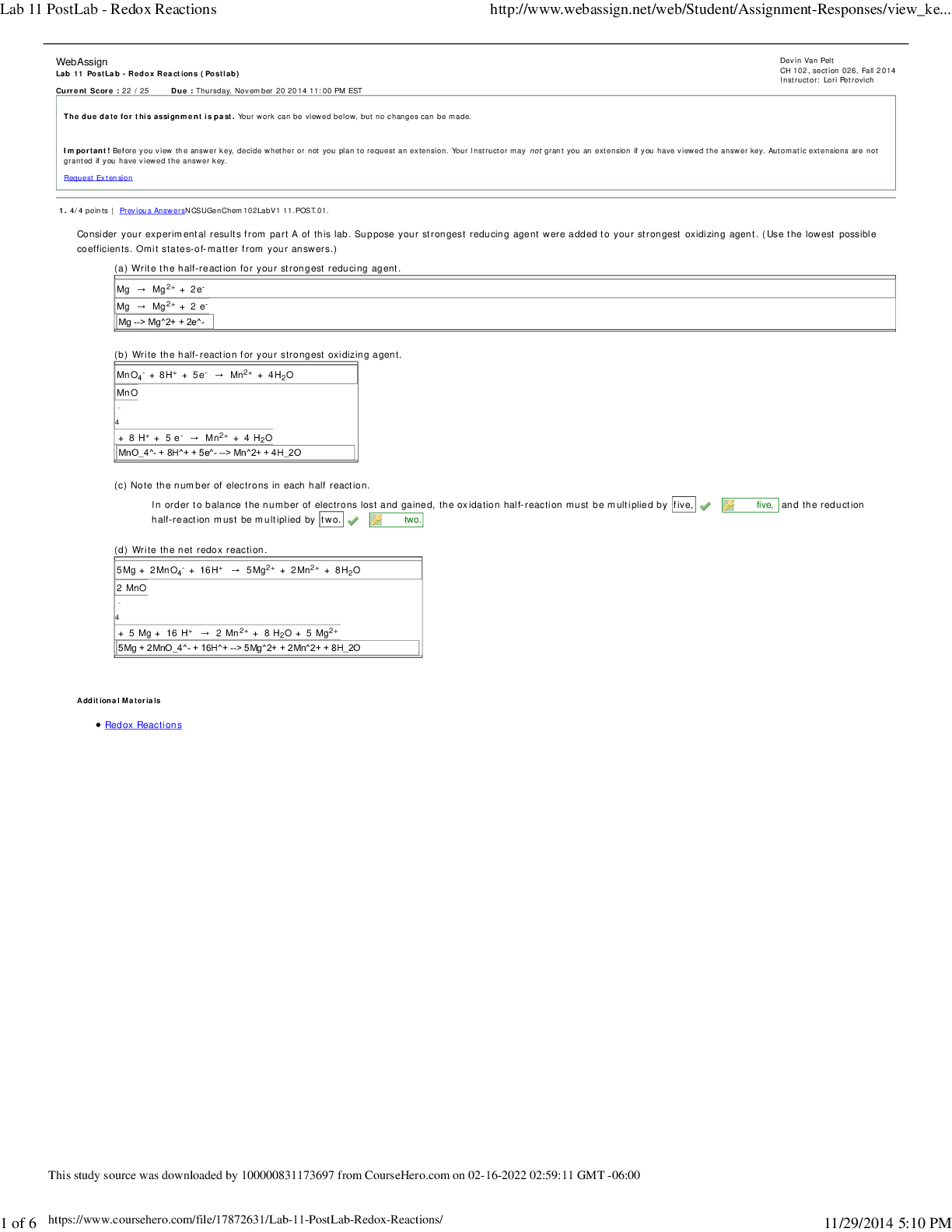 CHEM 102 Lab 11 PostLab  Redox Reactions (Answered)