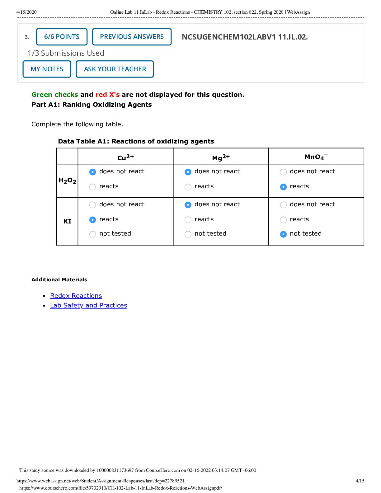 CH 102 Lab 11 InLab - Redox Reactions WebAssign