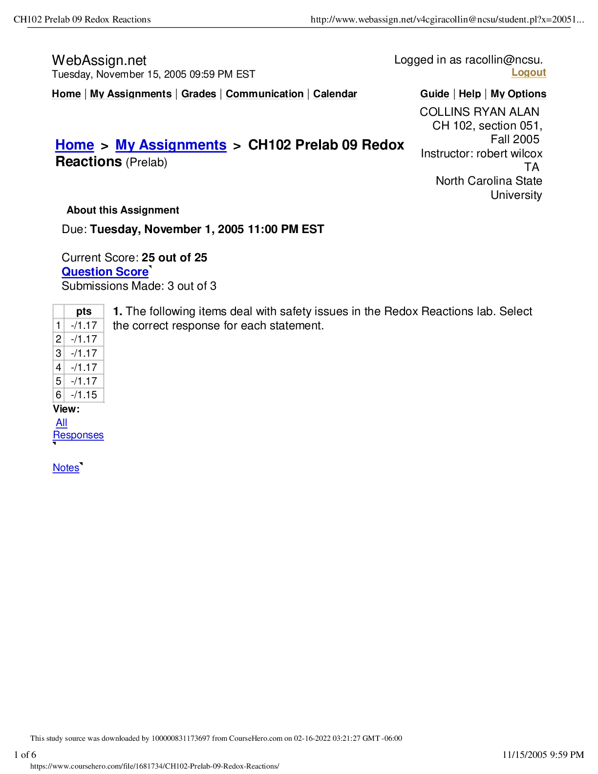 CH102 PreLab 09 Redox Reactions