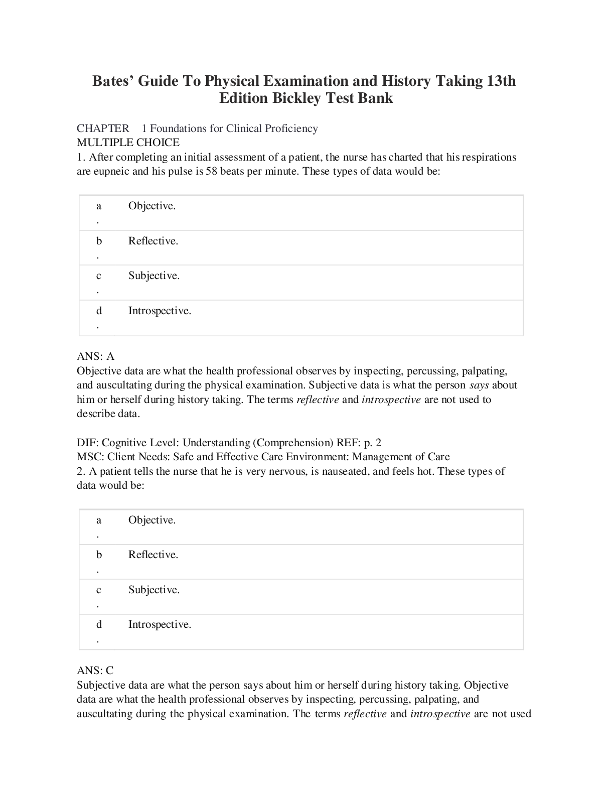 Bates’ Guide To Physical Examination and History ,Bickley Test Bank : Foundations for Clinical Proficiency