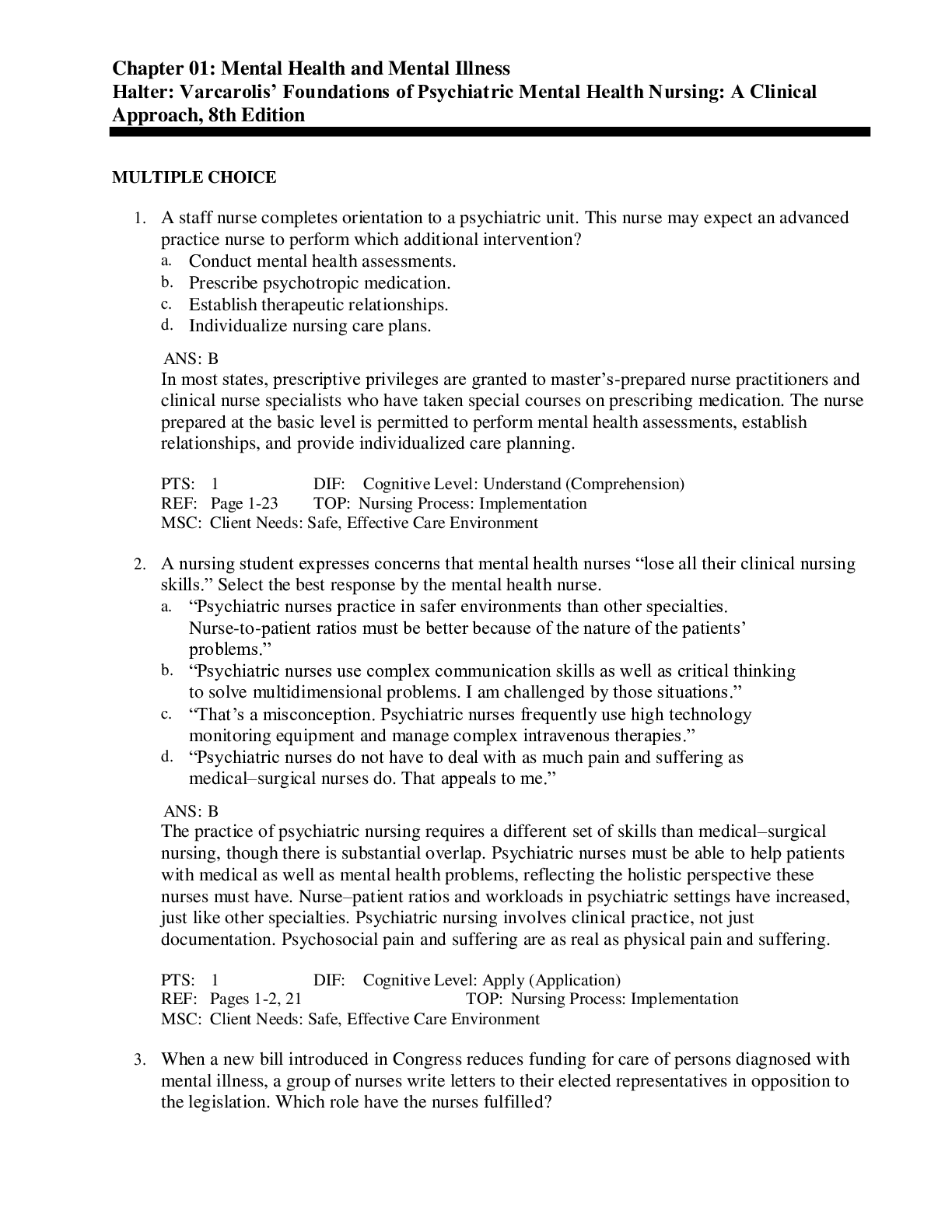 Halter Varcarolis’ Foundations of Psychiatric Mental Health Nursing: A Clinical Approach, 8th Edition Test Bank