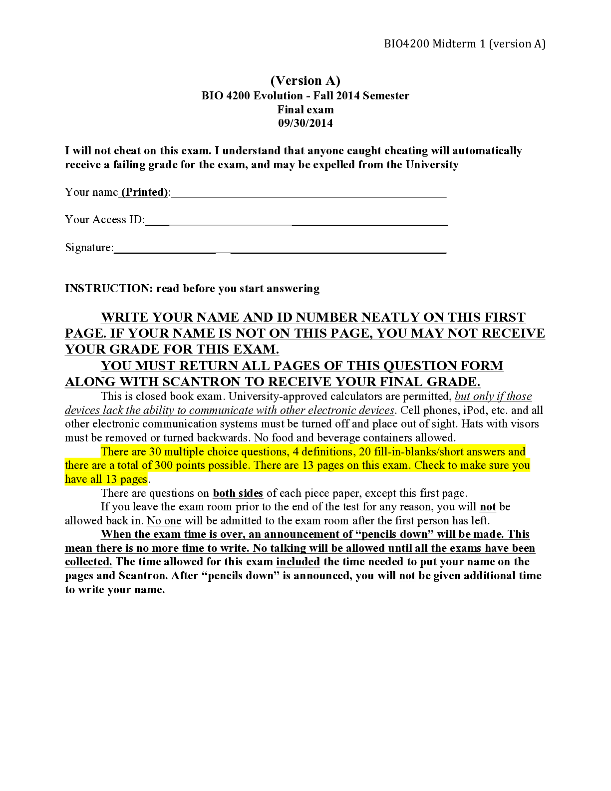 BIO 4200 Evolution - Fall 2014 Semester Final exam