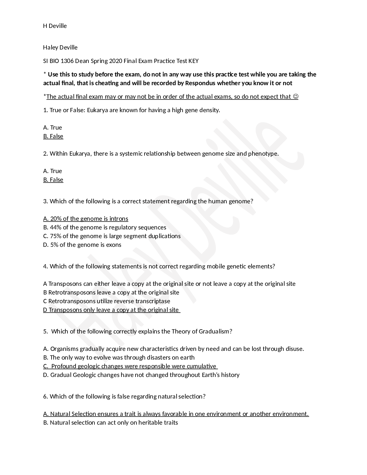 SI BIO 1306 Dean Spring 2020 Final Exam Practice Test KEY