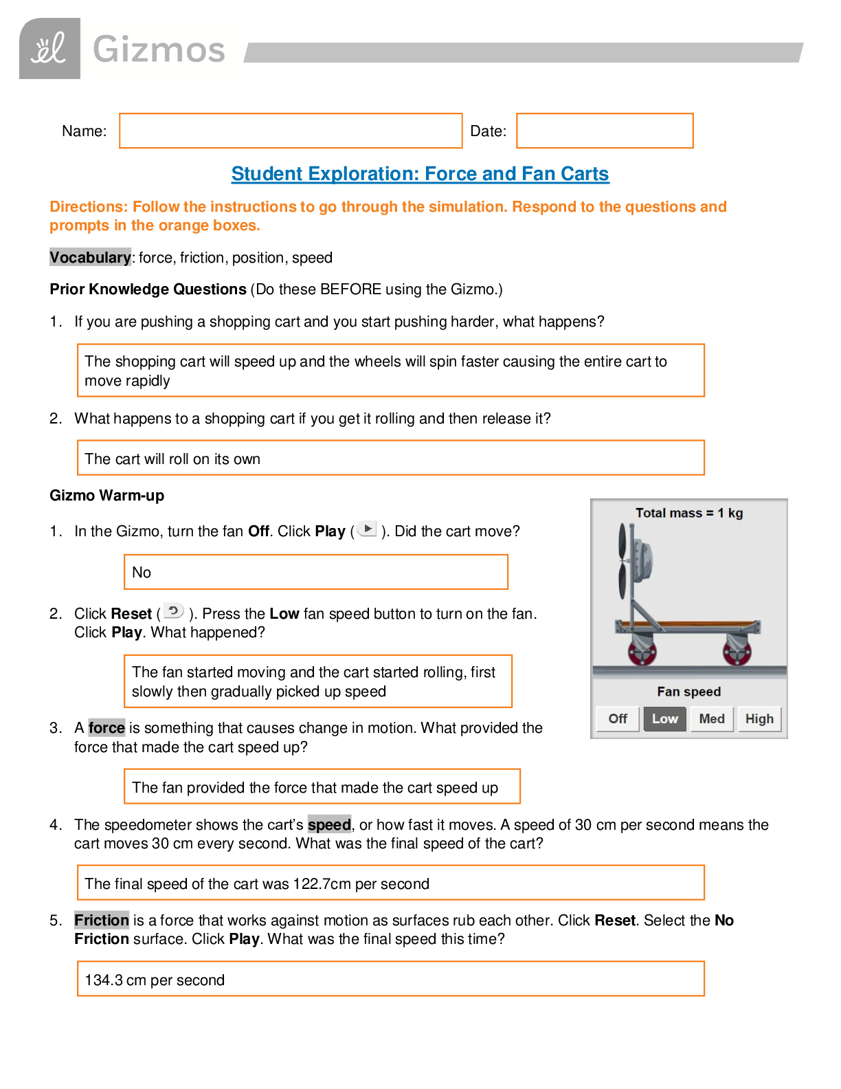 Student Exploration: Force and Fan Carts