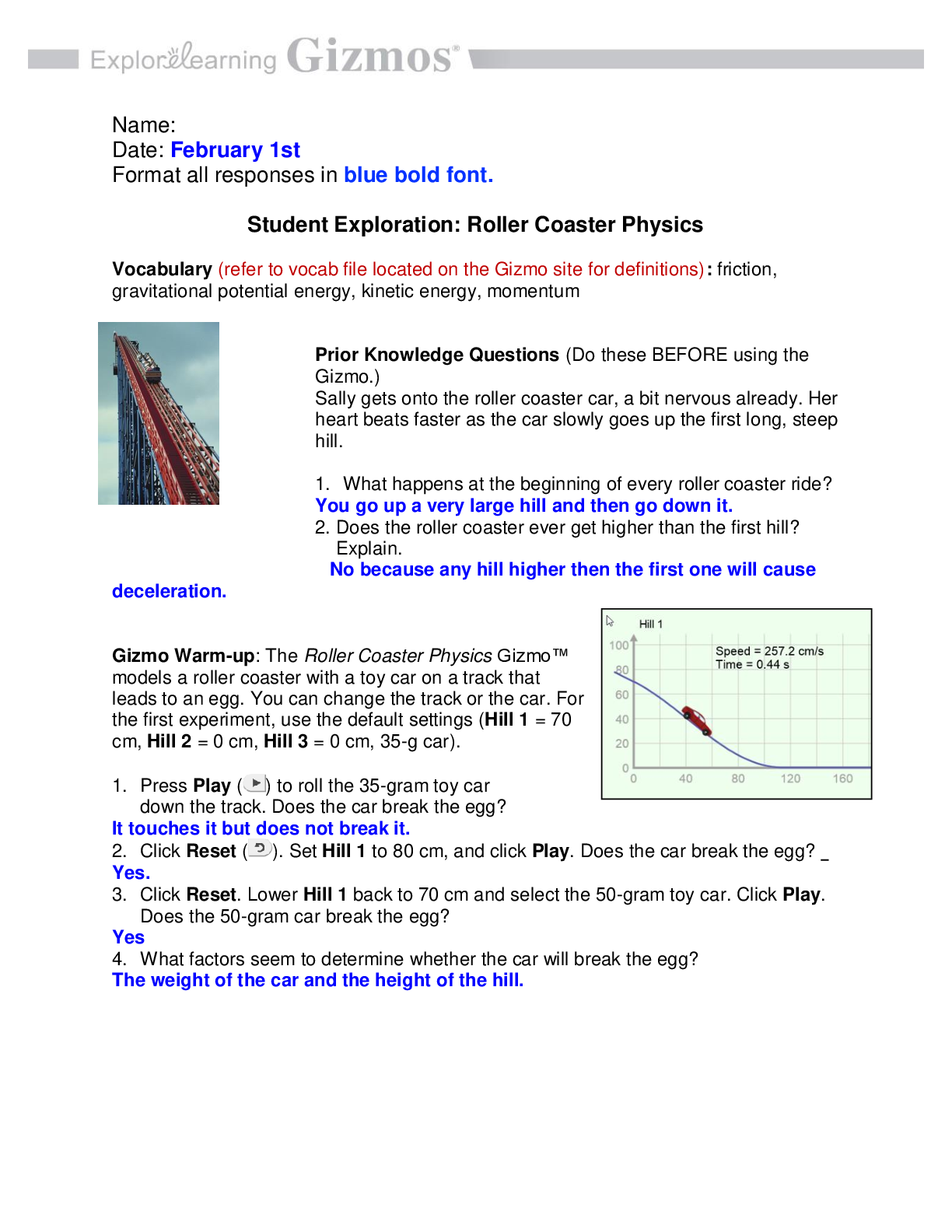 Student Exploration: Roller Coaster Physics