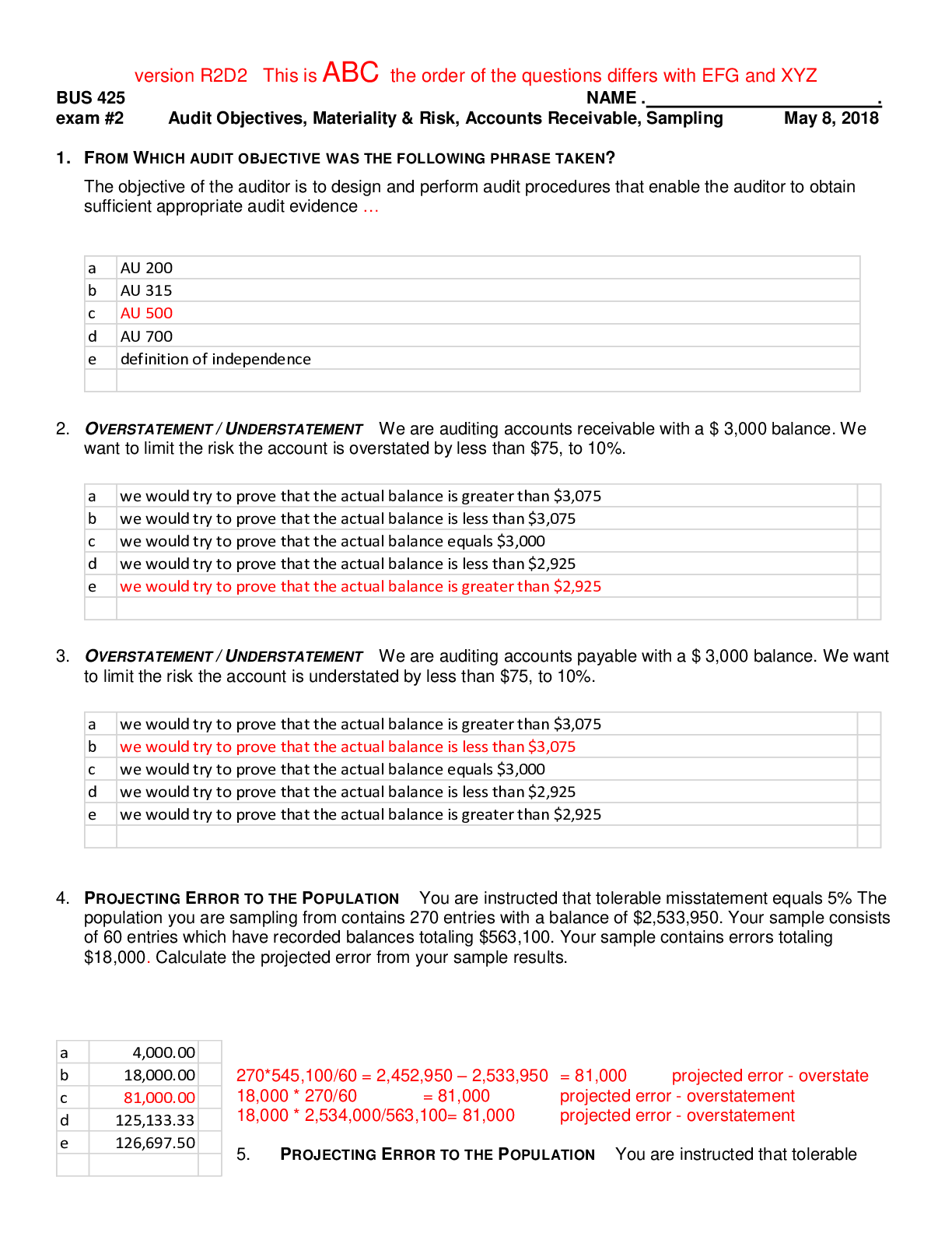 Audit Objectives, Materiality & Risk, Accounts Receivable, Sampling