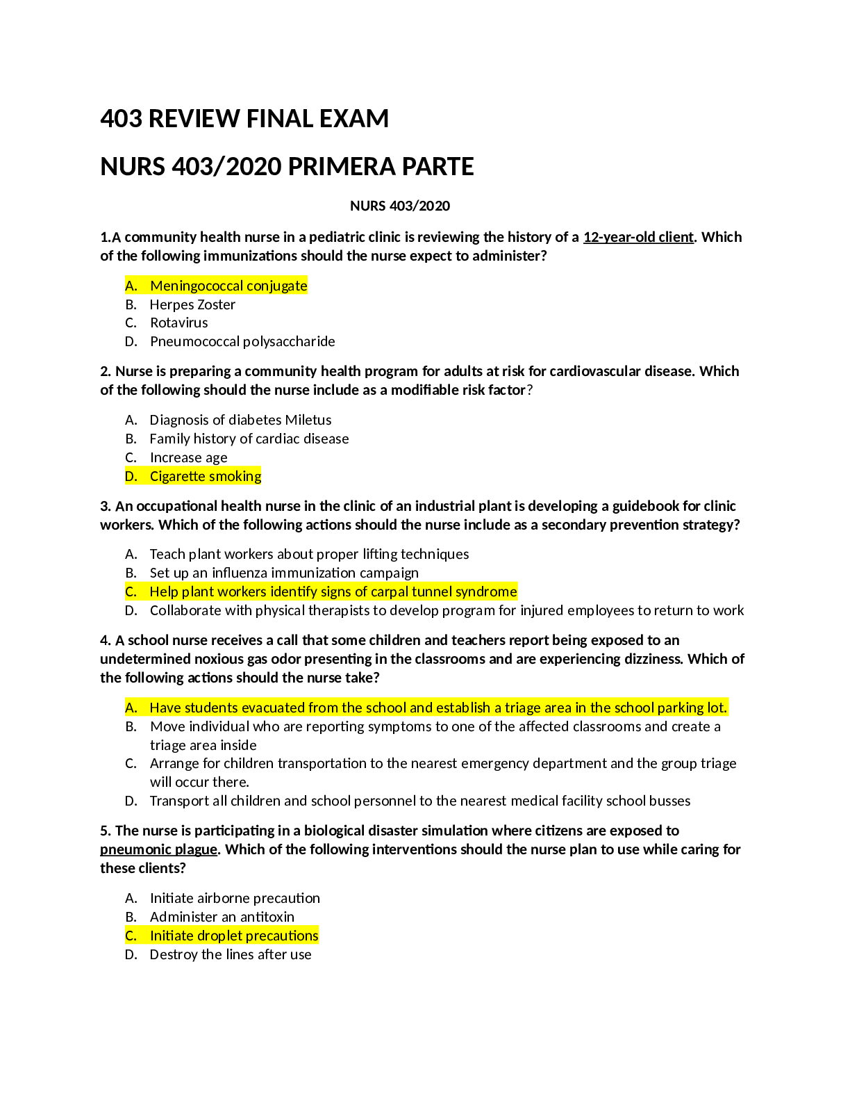 403 REVIEW FINAL EXAM (NURS 403/2020 PRIMERA PARTE)