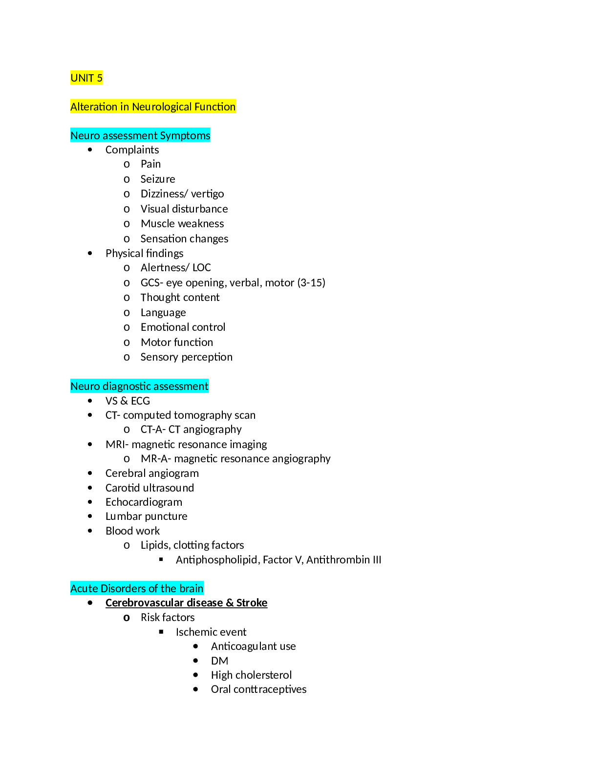 UNIT 5 Alteration in Neurological Function