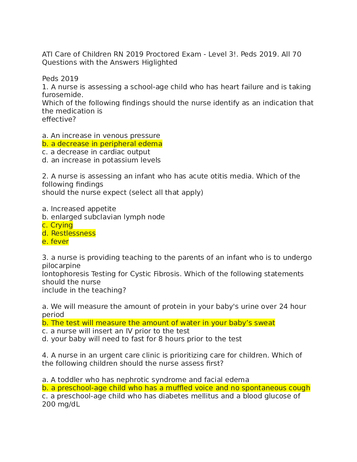 ATI Care of Children RN 2019-2022 Proctored Exam - Level 3!. Peds 2019.  verified answers- 100% correct