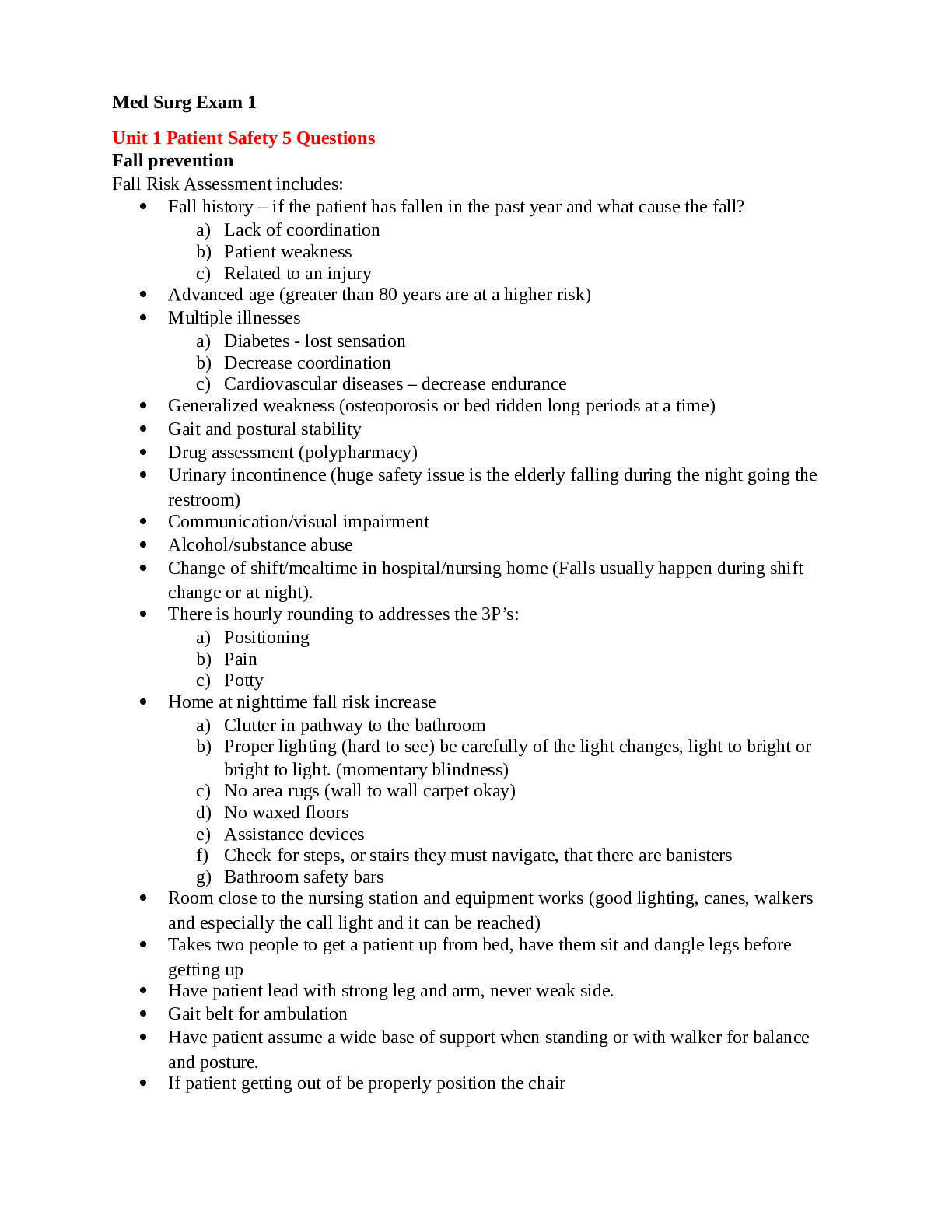 Med Surg Exam 1 (Unit 1 Patient Safety 5 Questions)