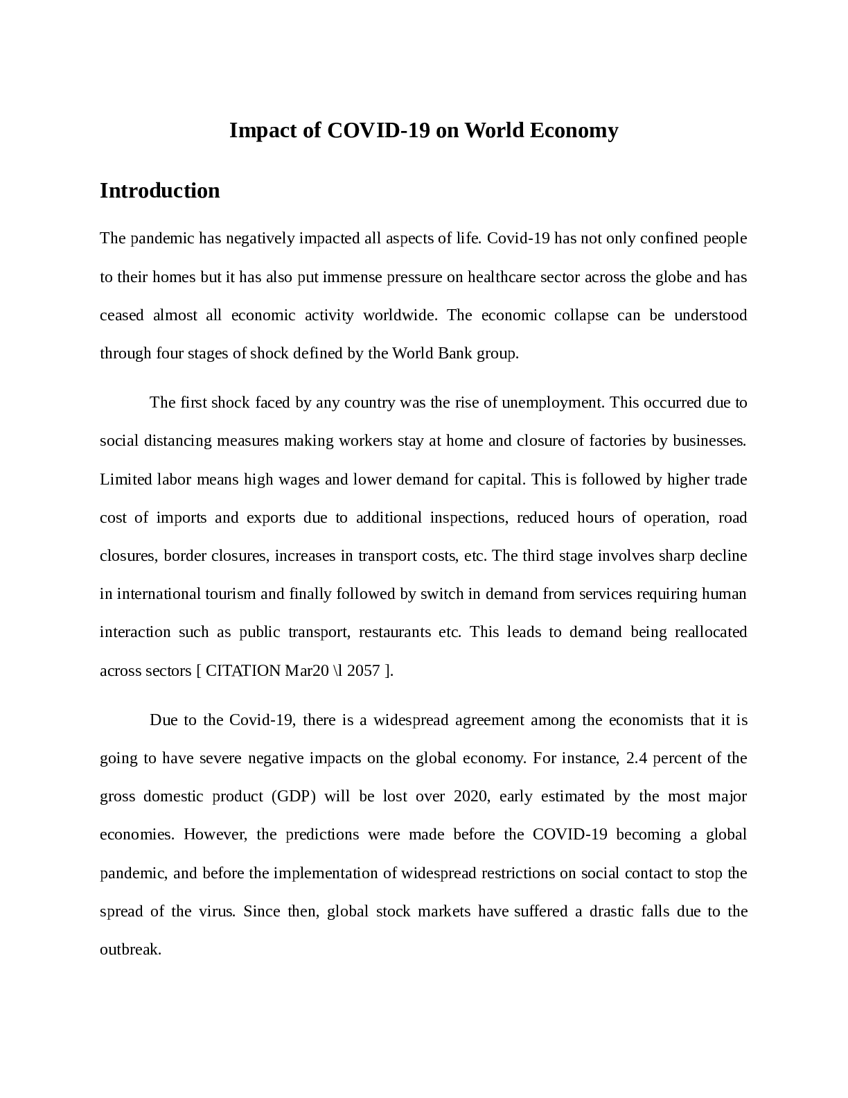 Impact of COVID-19 on World Economy
